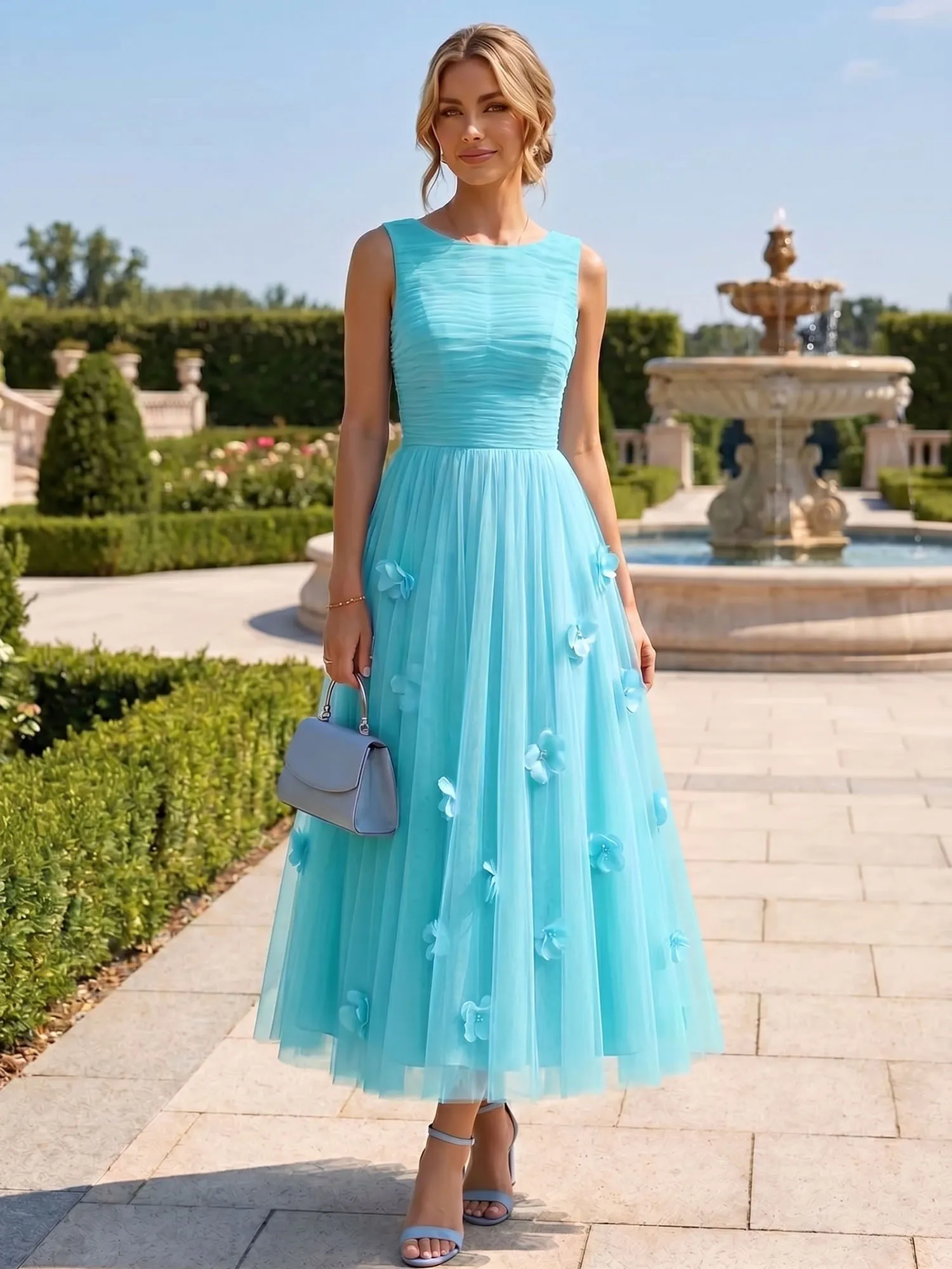 A Line Sleeveless Tulle Midi Dress with 3D Floral Appliqués