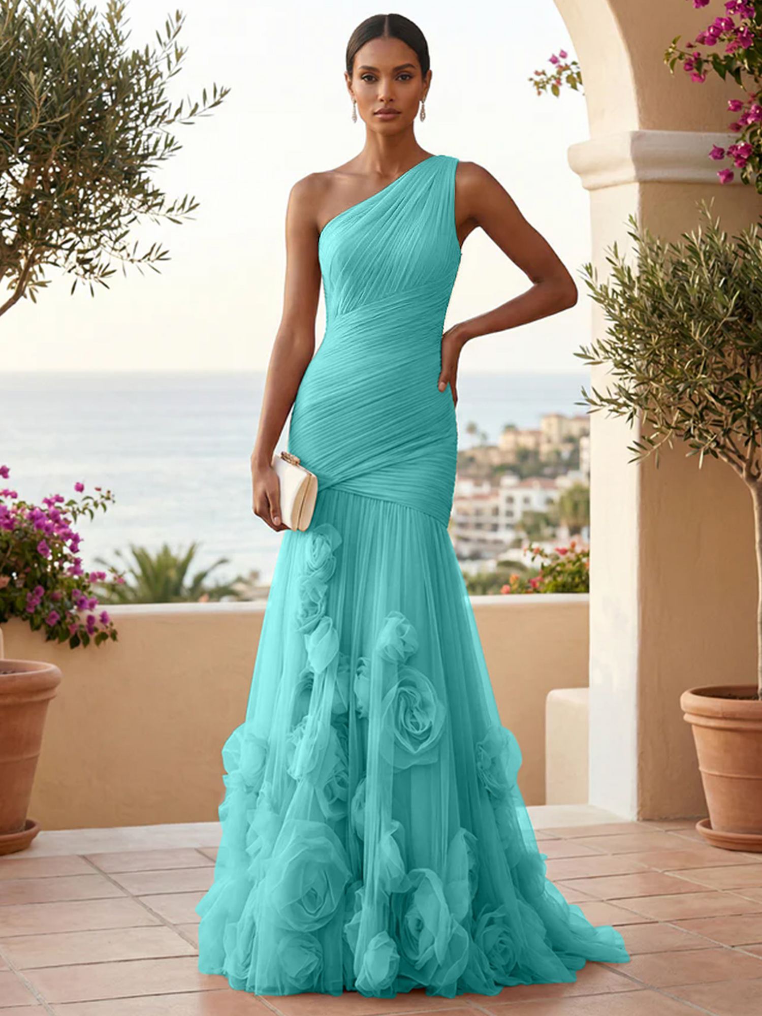 Sweetheart Tulle Pleat One Shoulder Mermaid Evening Dresses Gown with 3D Flower