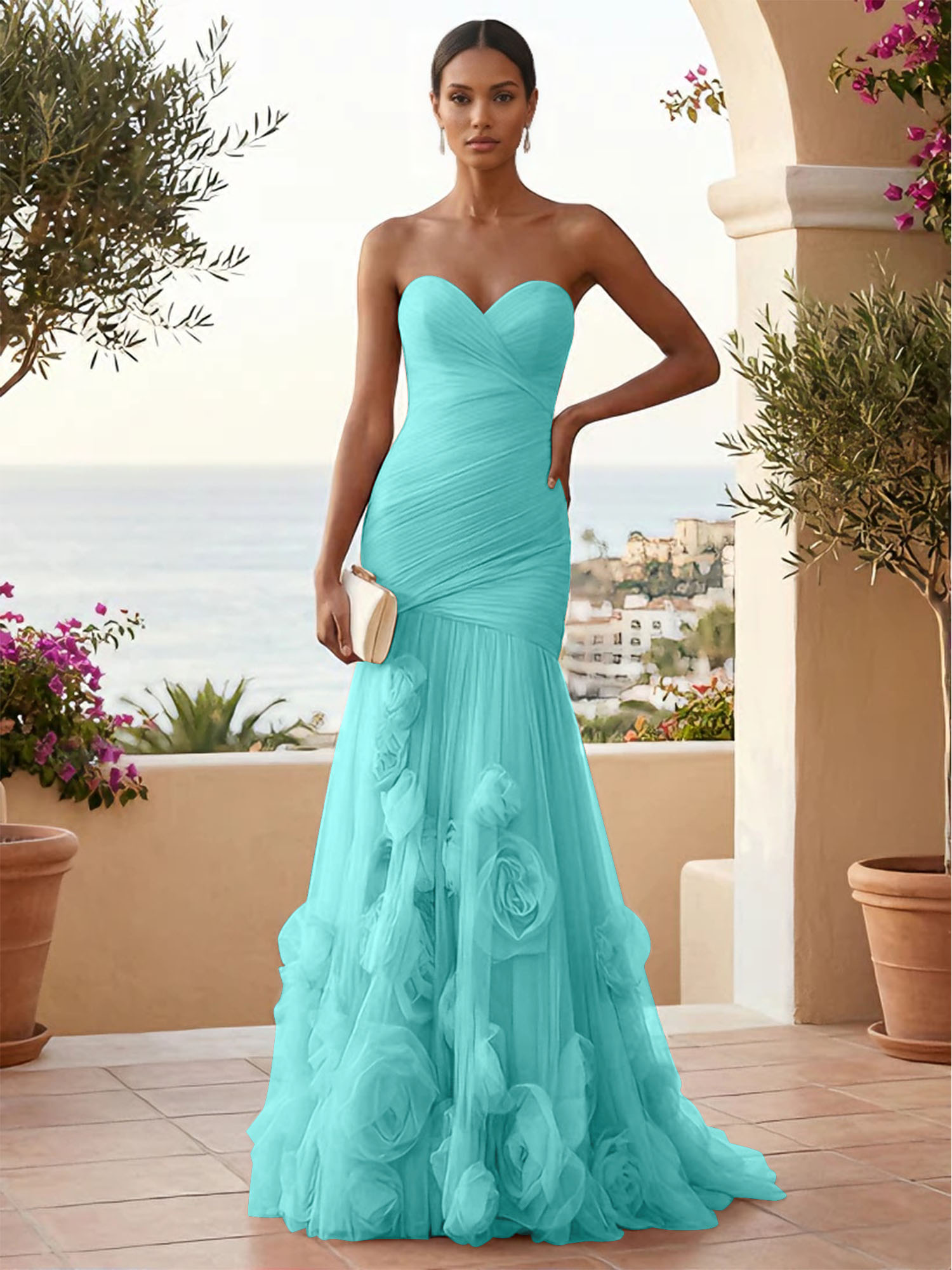 Sweetheart Tulle Pleat Mermaid Evening Dresses with 3D Flower