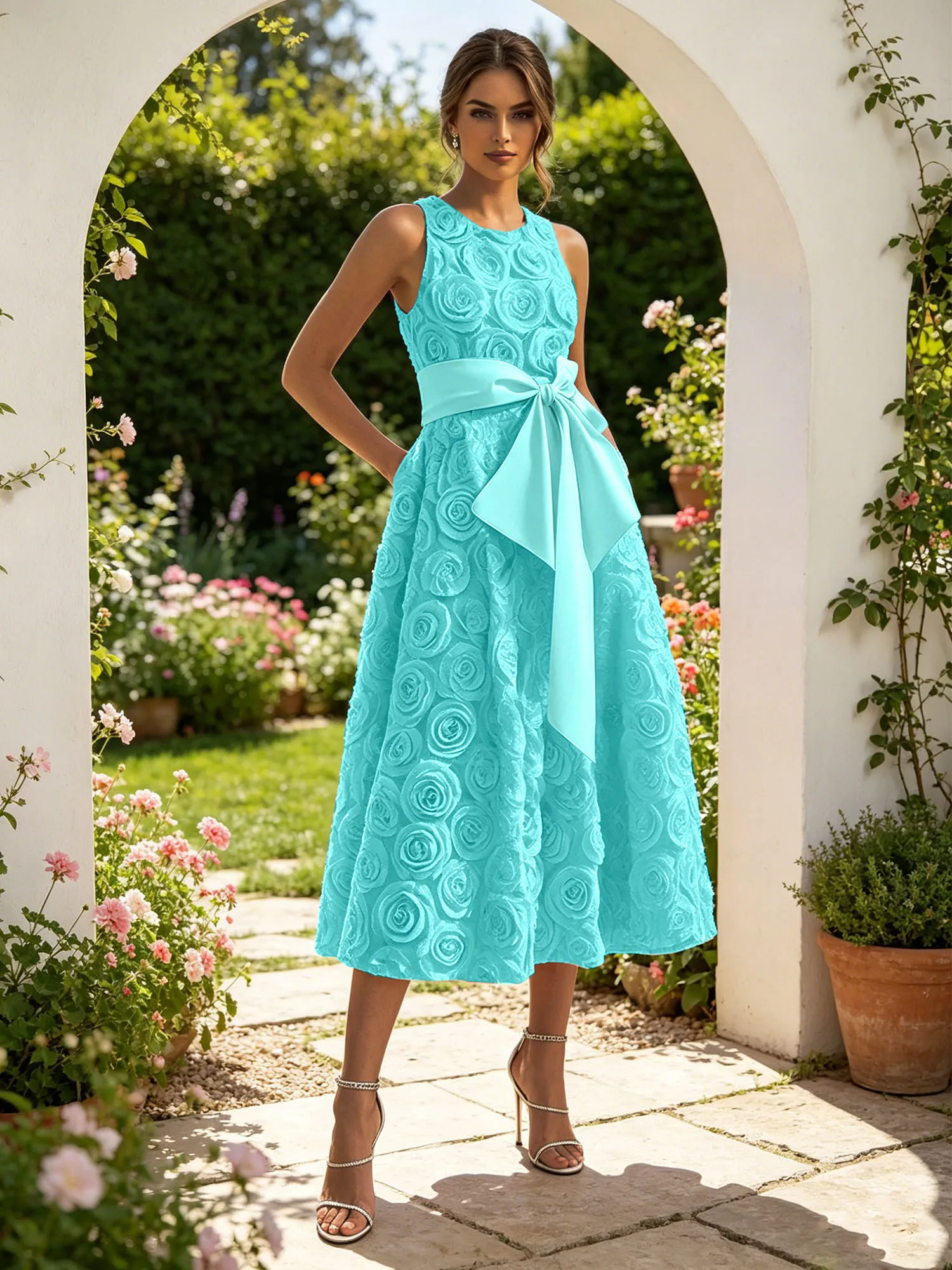 Sleeveless 3D Rose Midi Evening Dress with Satin Bow Sash