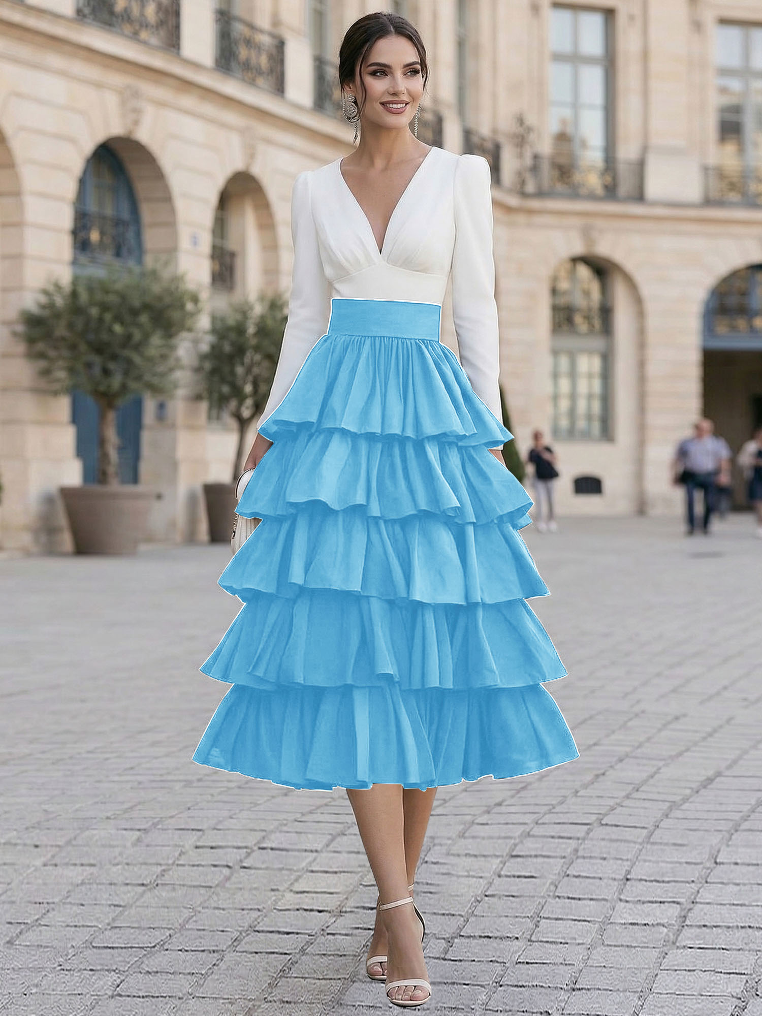 Elegant V-Neck Long Sleeve Tiered Ruffle Midi Dress with Contrast Waistband