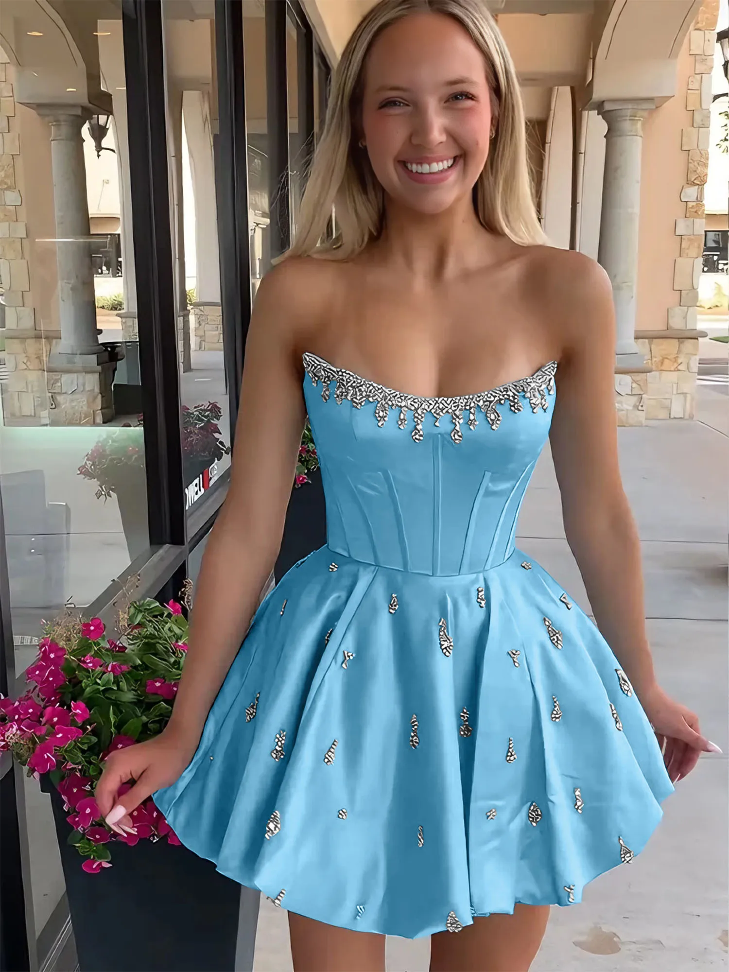 Strapless Beaded Corset Lace-Up Back Satin Homecoming Dress