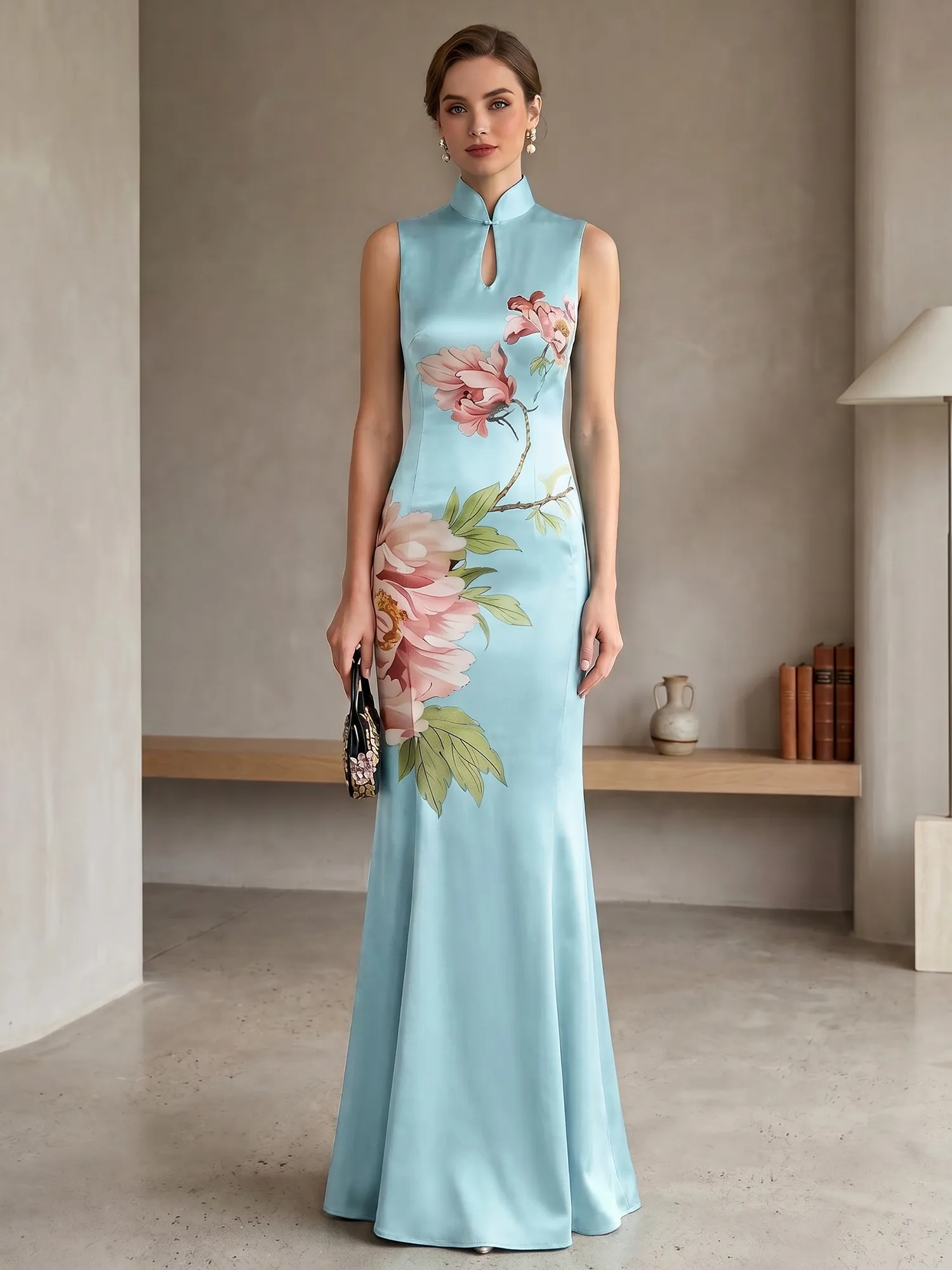 Satin Qipao-Inspired Floral Mermaid Evening Gown