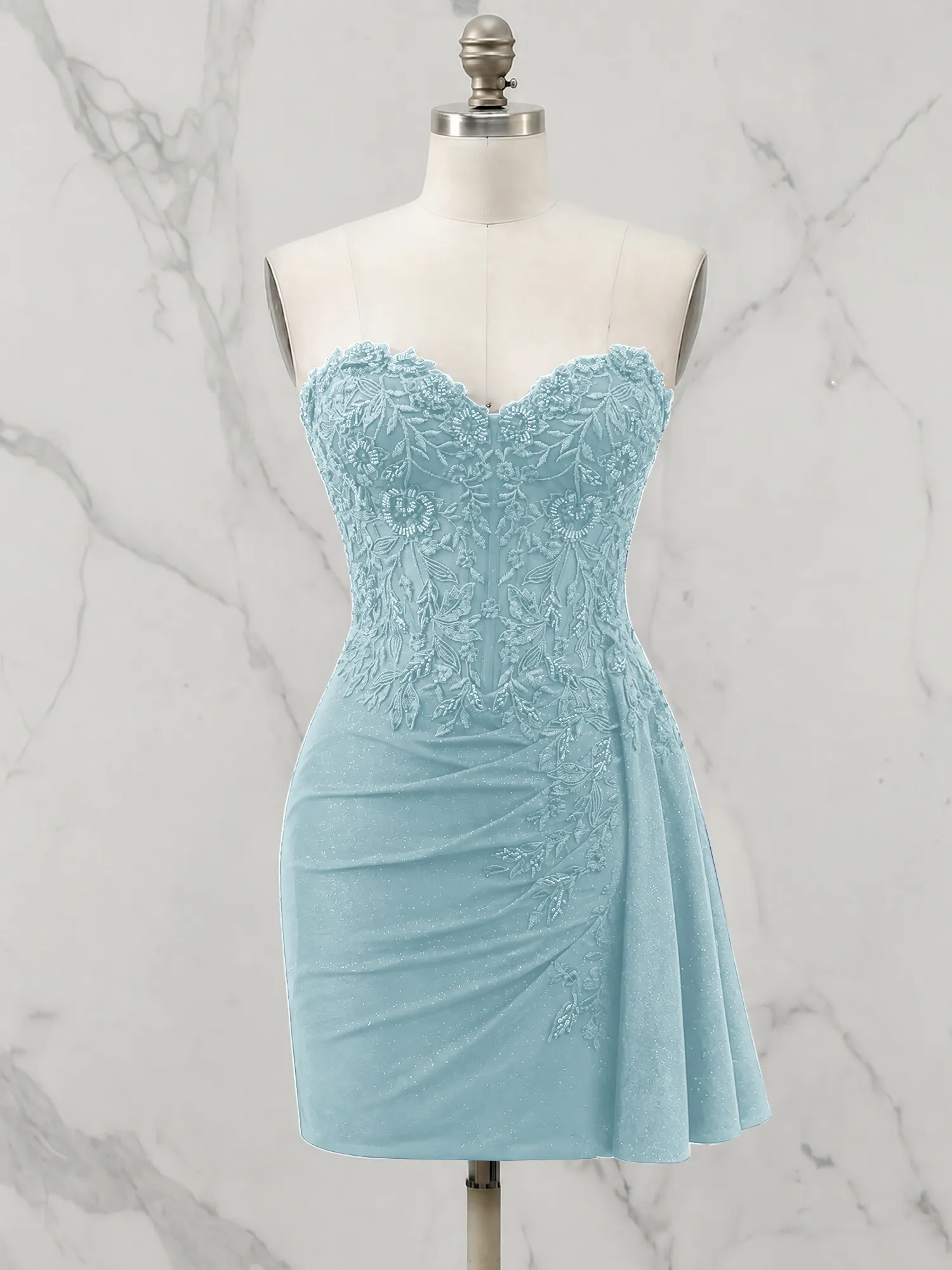 Strapless Lace Appliqué Glitter Homecoming Dress with Side Drape