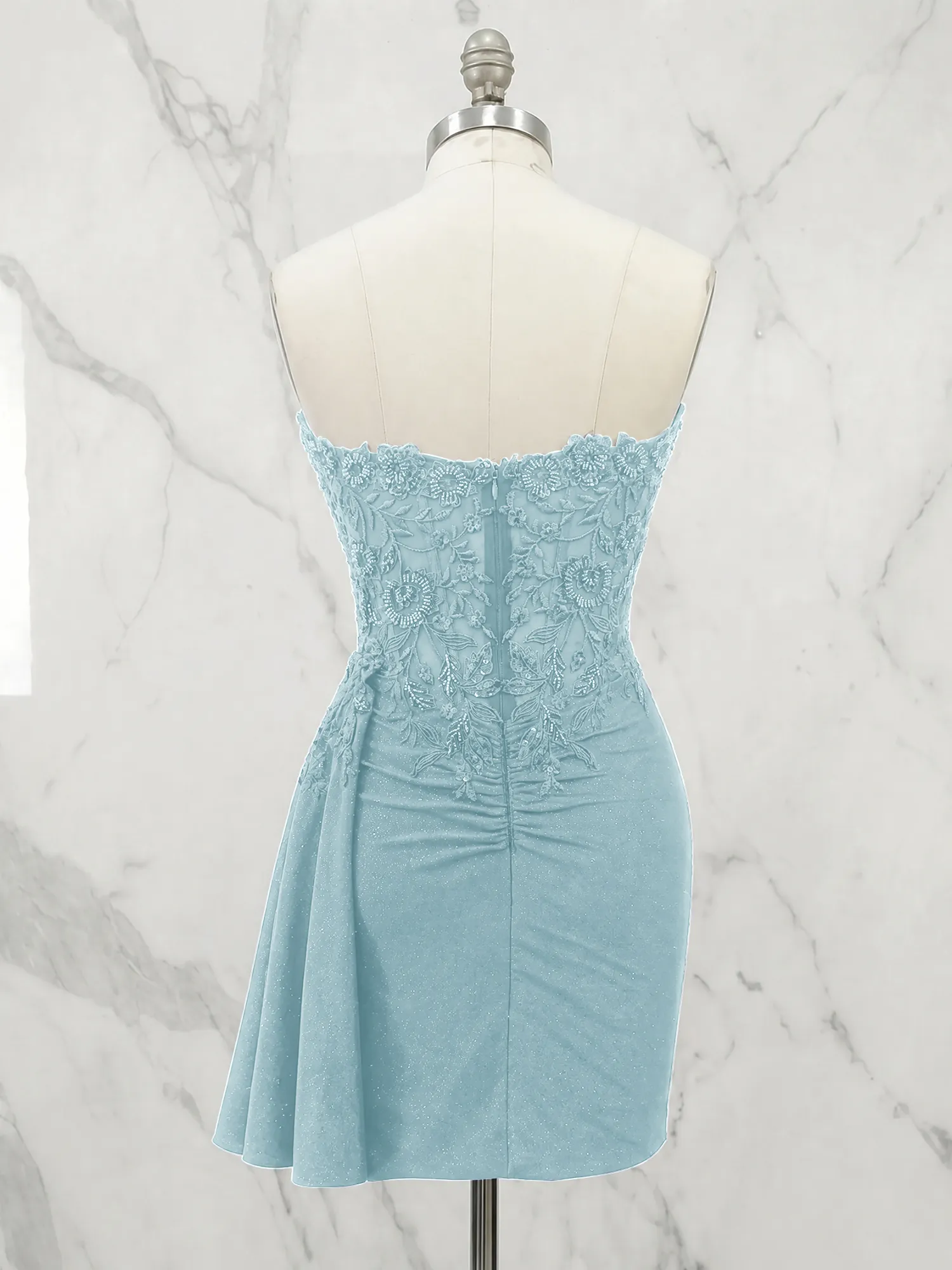 Strapless Lace Appliqué Glitter Homecoming Dress with Side Drape