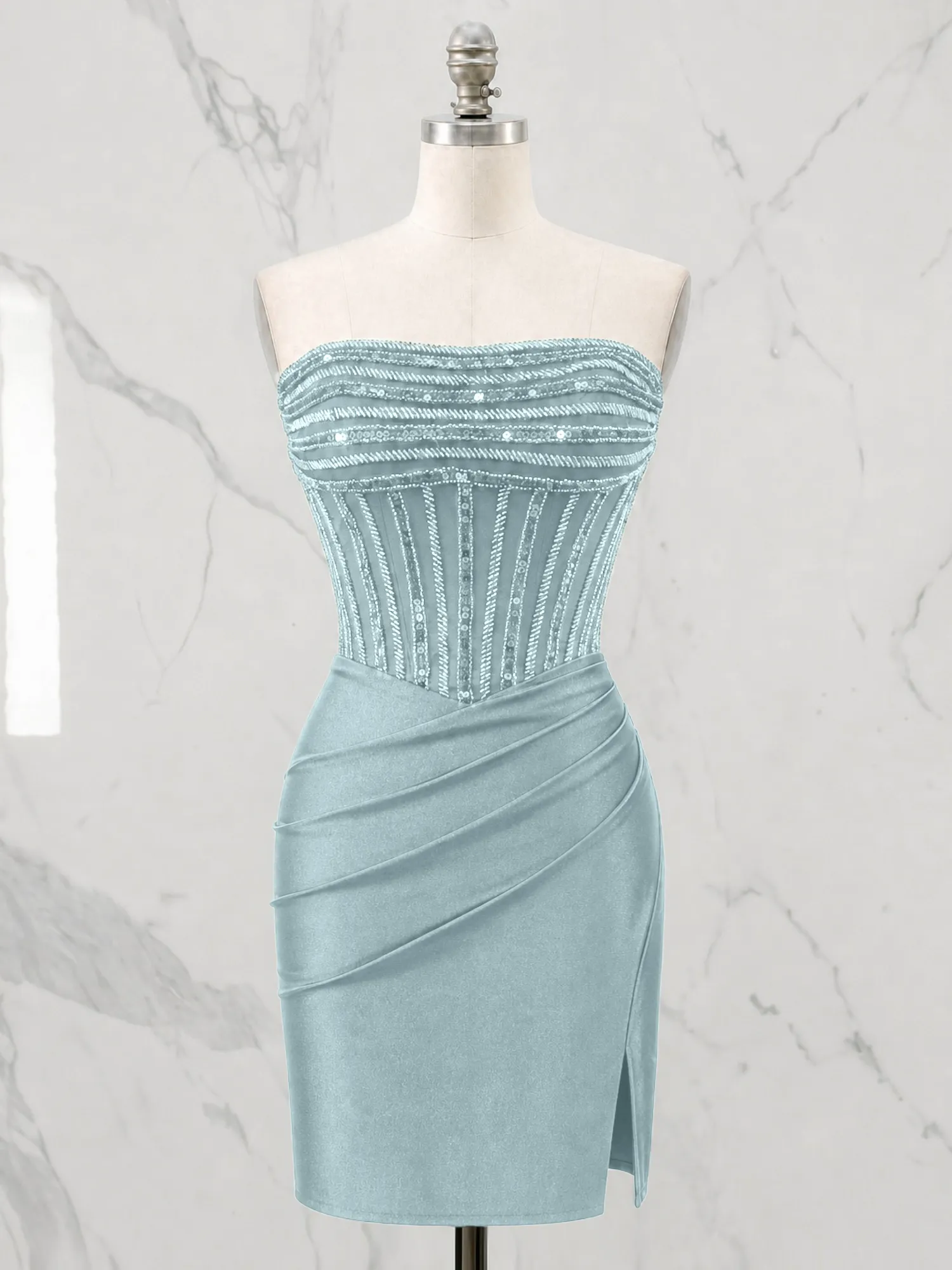 Strapless Beaded Corset Homecoming Dress with Ruched Skirt