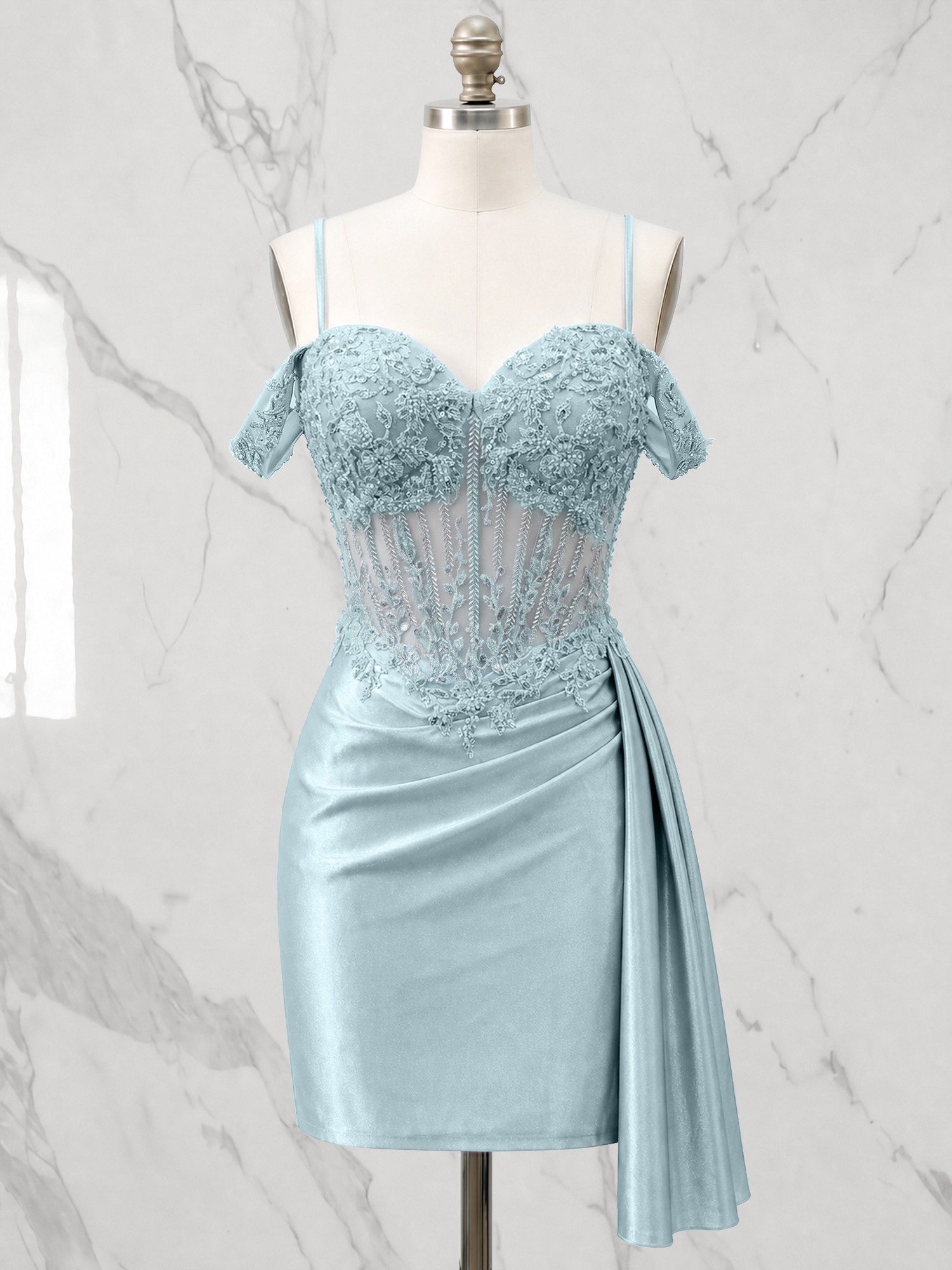 Off-the-Shoulder Lace Corset Homecoming Dress with Side Drape