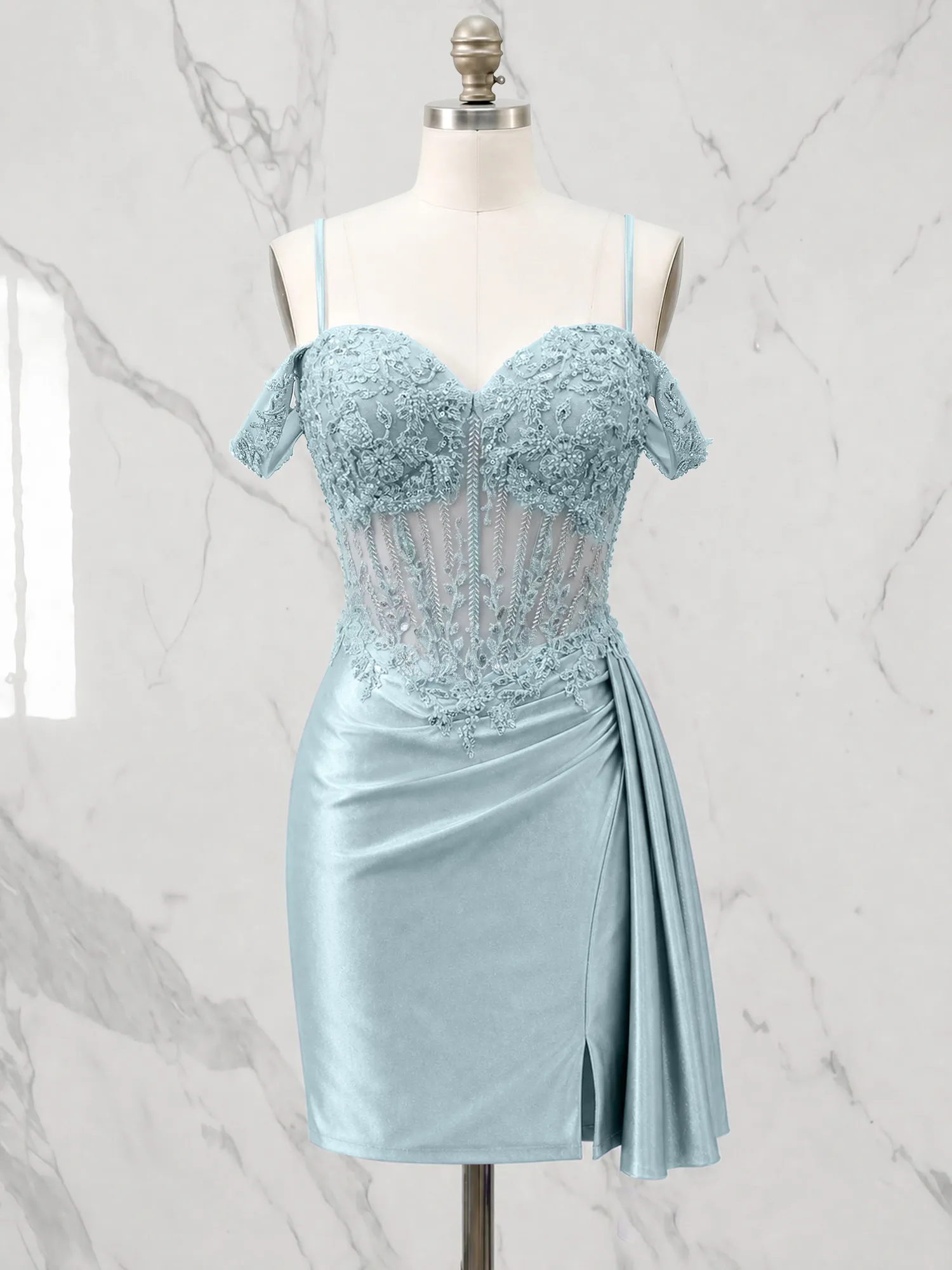 Off-the-Shoulder Lace Corset Homecoming Dress with Draped Skirt
