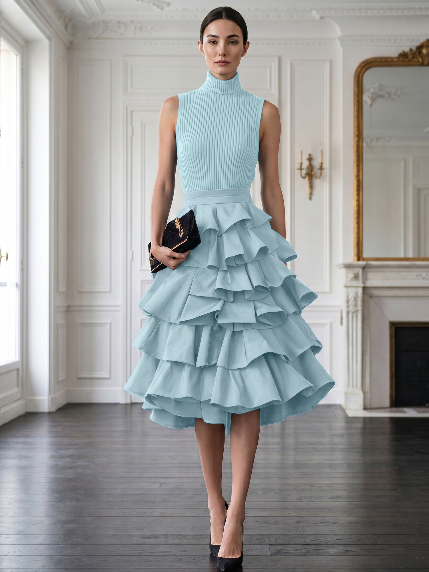 Avant-Garde Black High-Neck Tiered Ruffled Evening Gown
