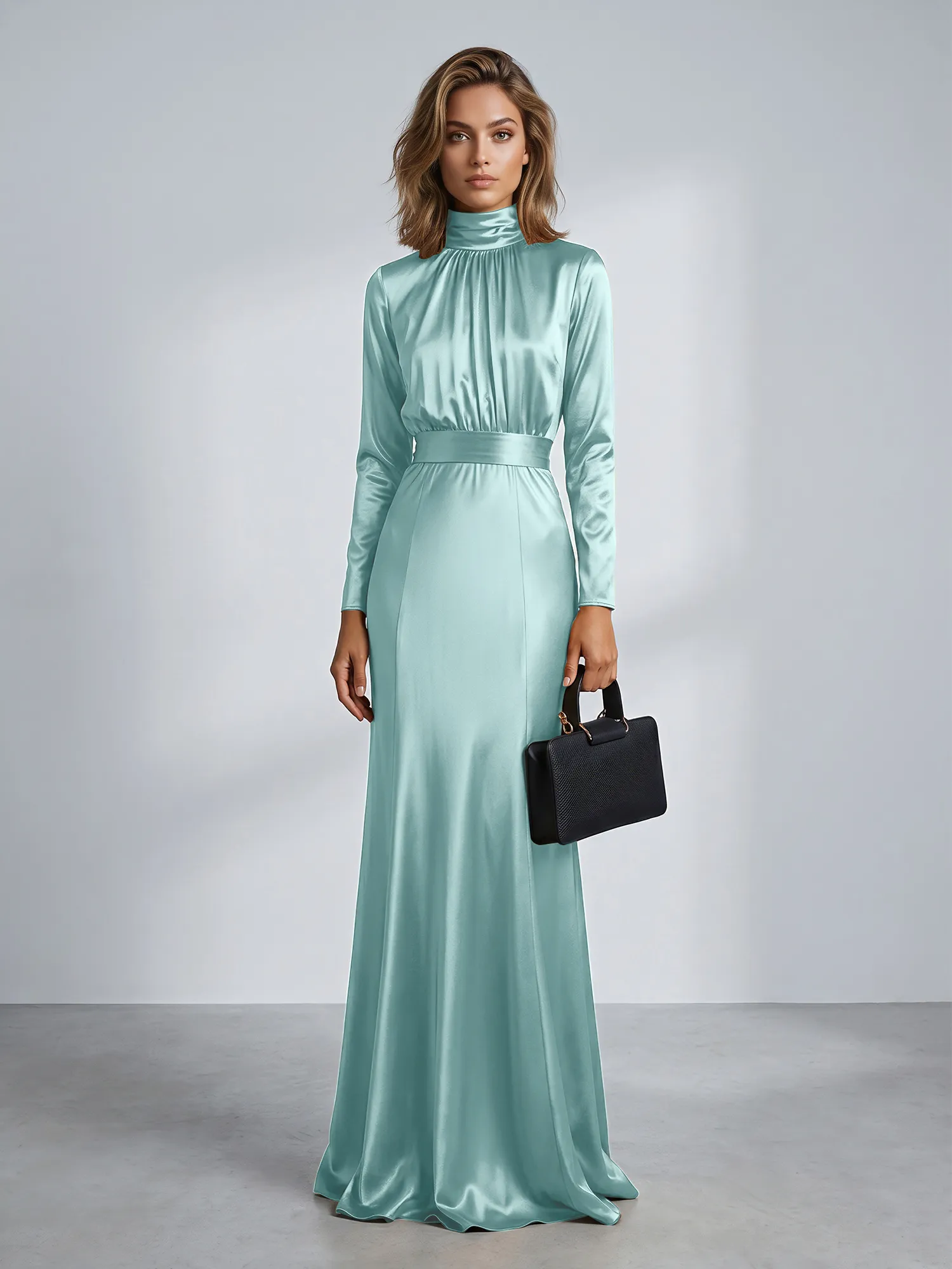 High Neck Long Sleeve Satin Mermaid Evening Gown with Waist Sash