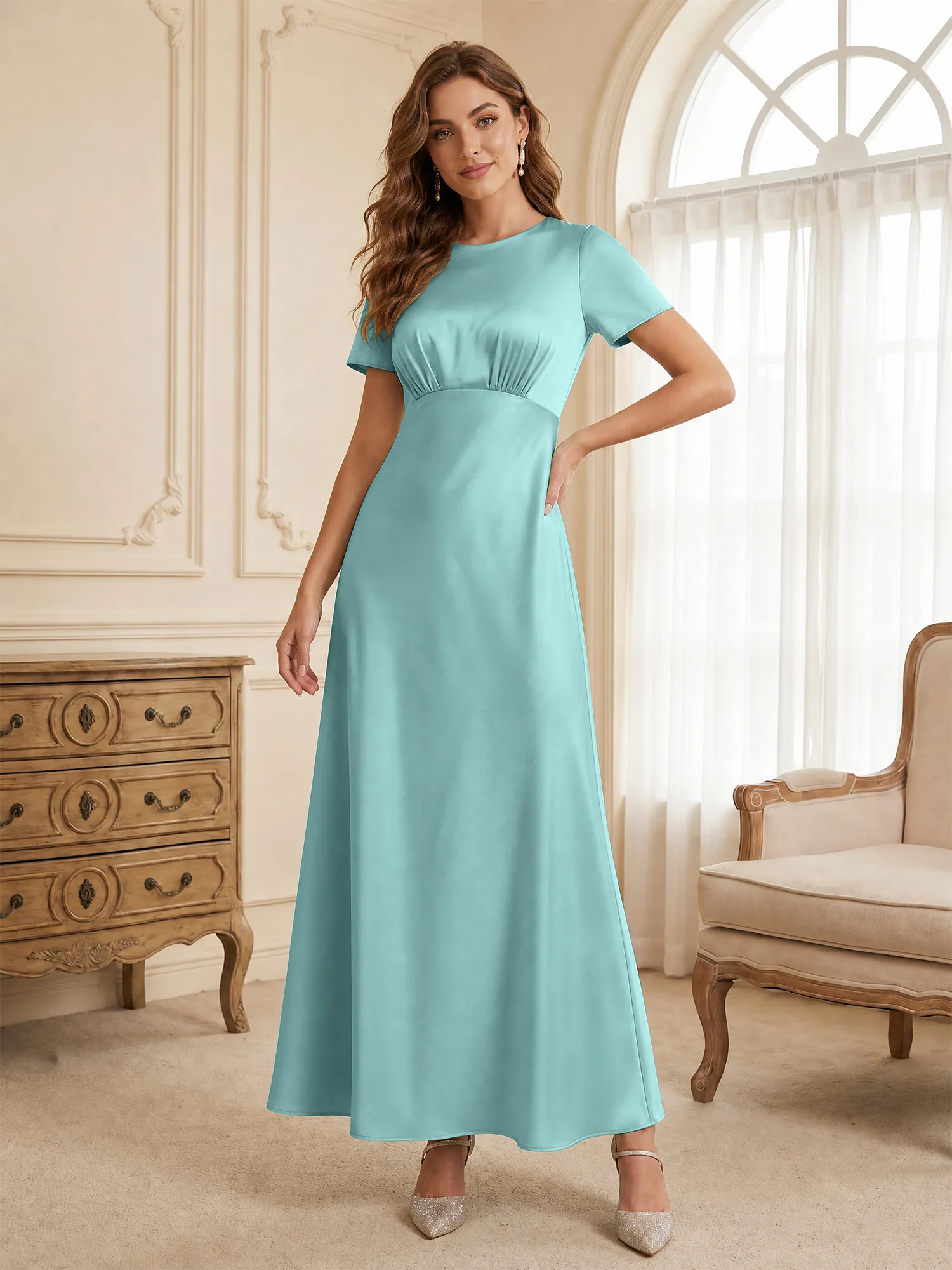 Round Neck Short Sleeve Satin Bridesmaid Dress