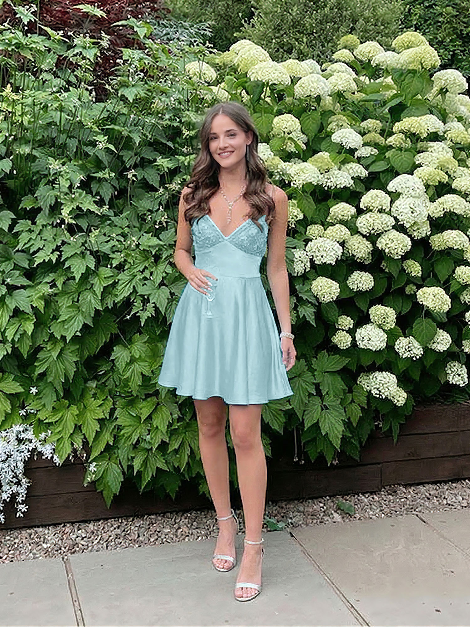 Blue A Line V-neck Beaded Back Tie Short Homecoming Mini Dress
