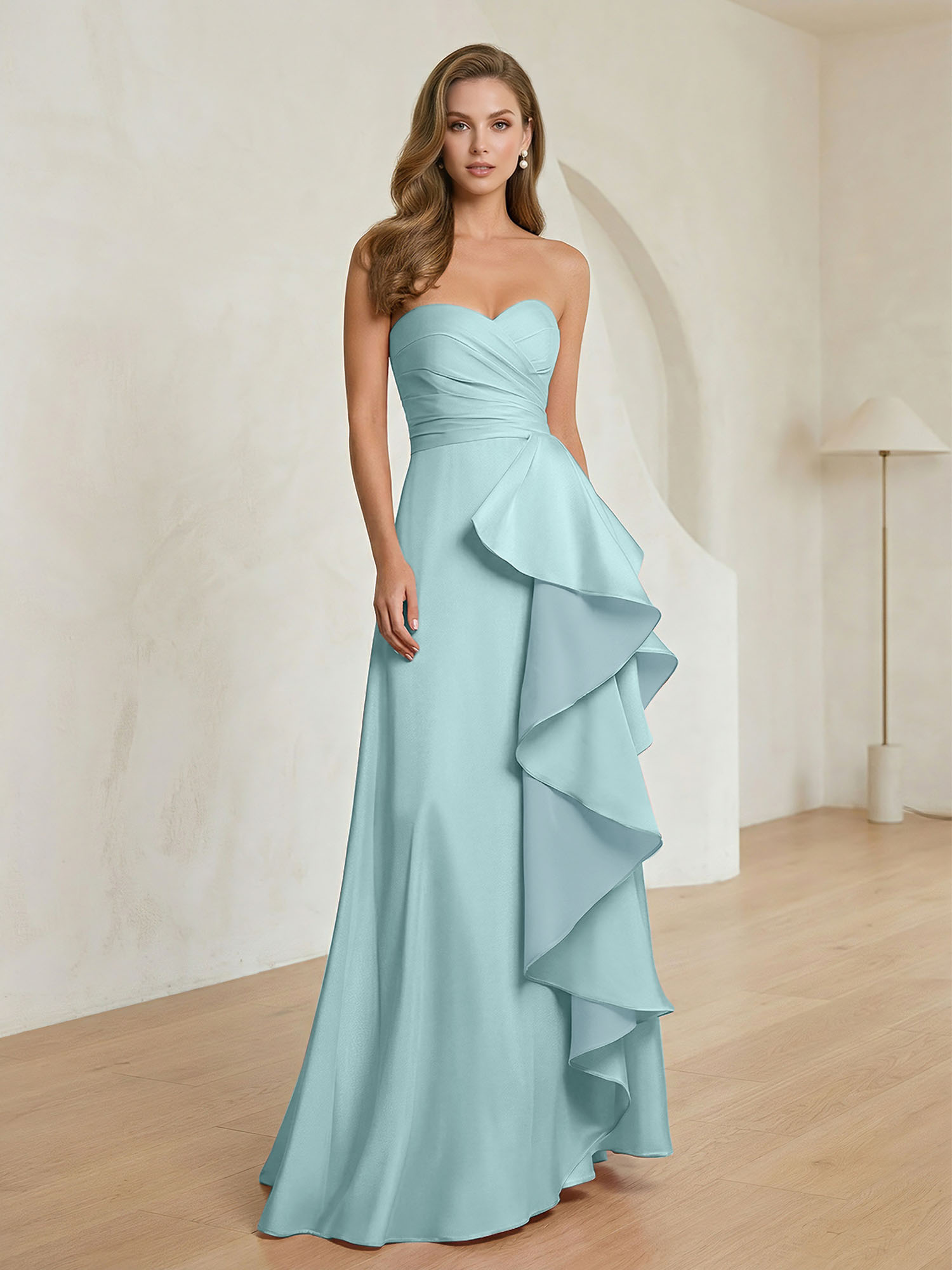 Formal Evening Dress Blush Strapless Ruffle Maxi Dress Gown