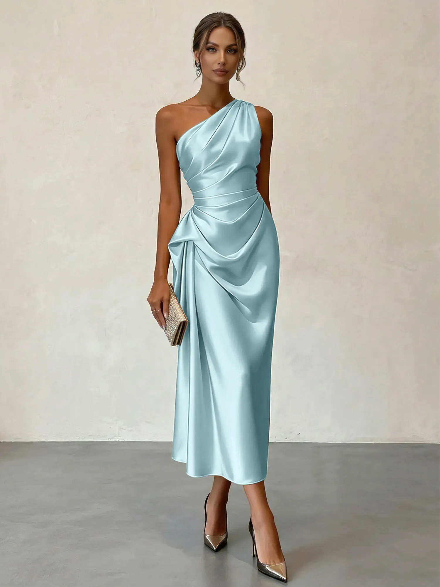 One-Shoulder Ruched Satin Midi Evening Dress with Draped Detail