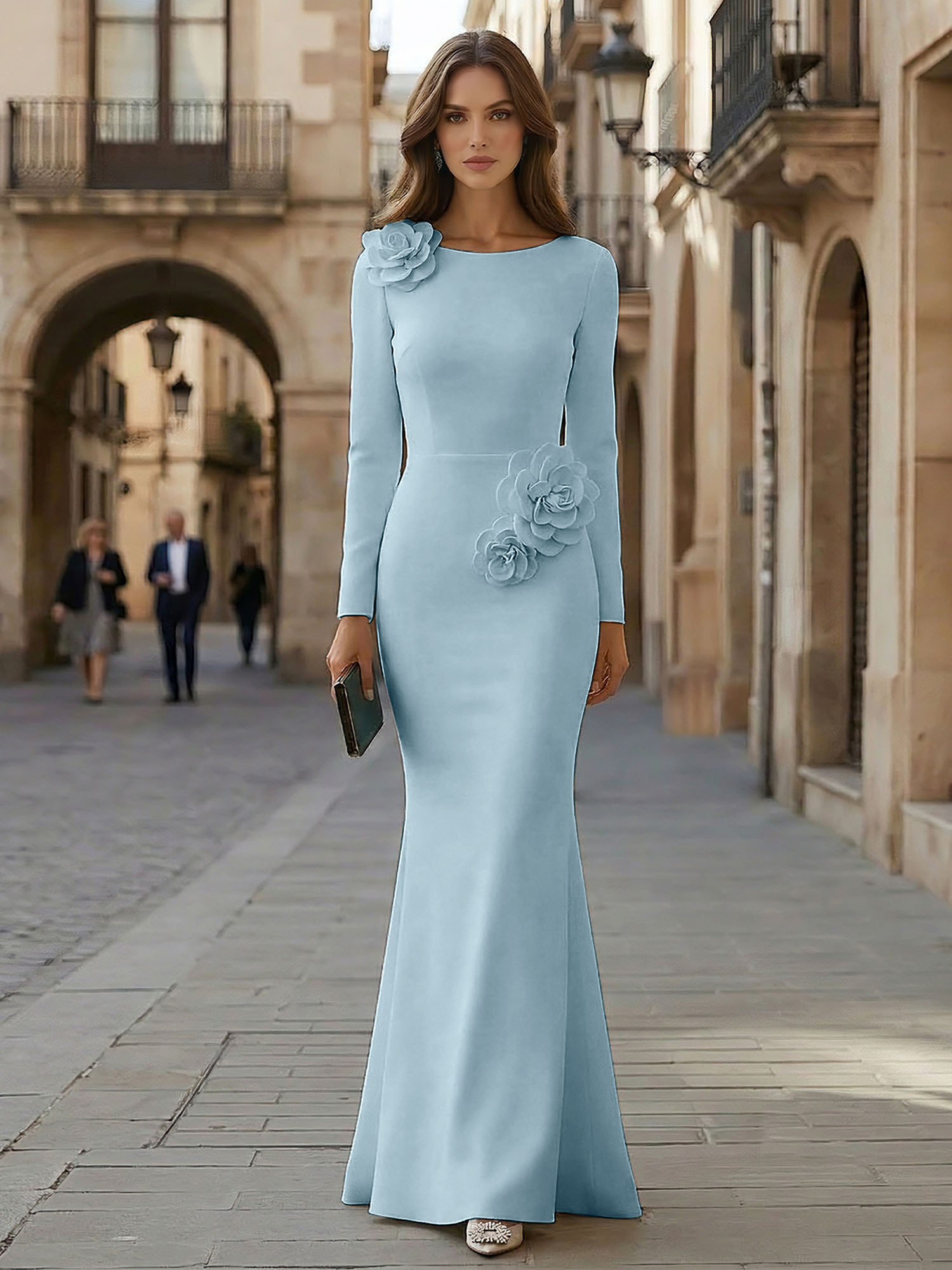 Elegant Pure White Formal Evening Dress Long-Sleeve 3D Floral Crepe Maxi Dress Gown