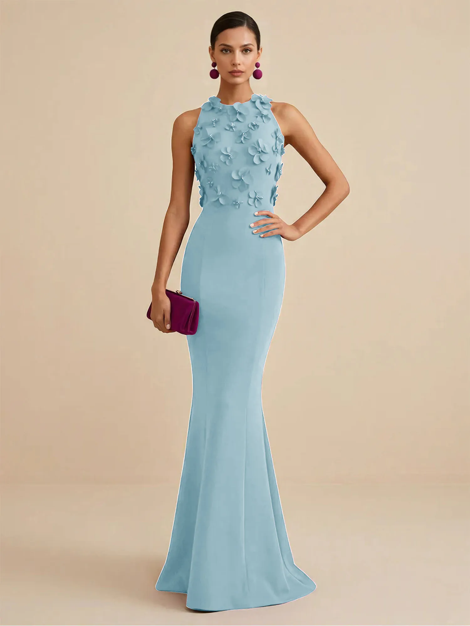 Scoop Neck 3D Floral Appliqué Crepe Mermaid Evening Gown