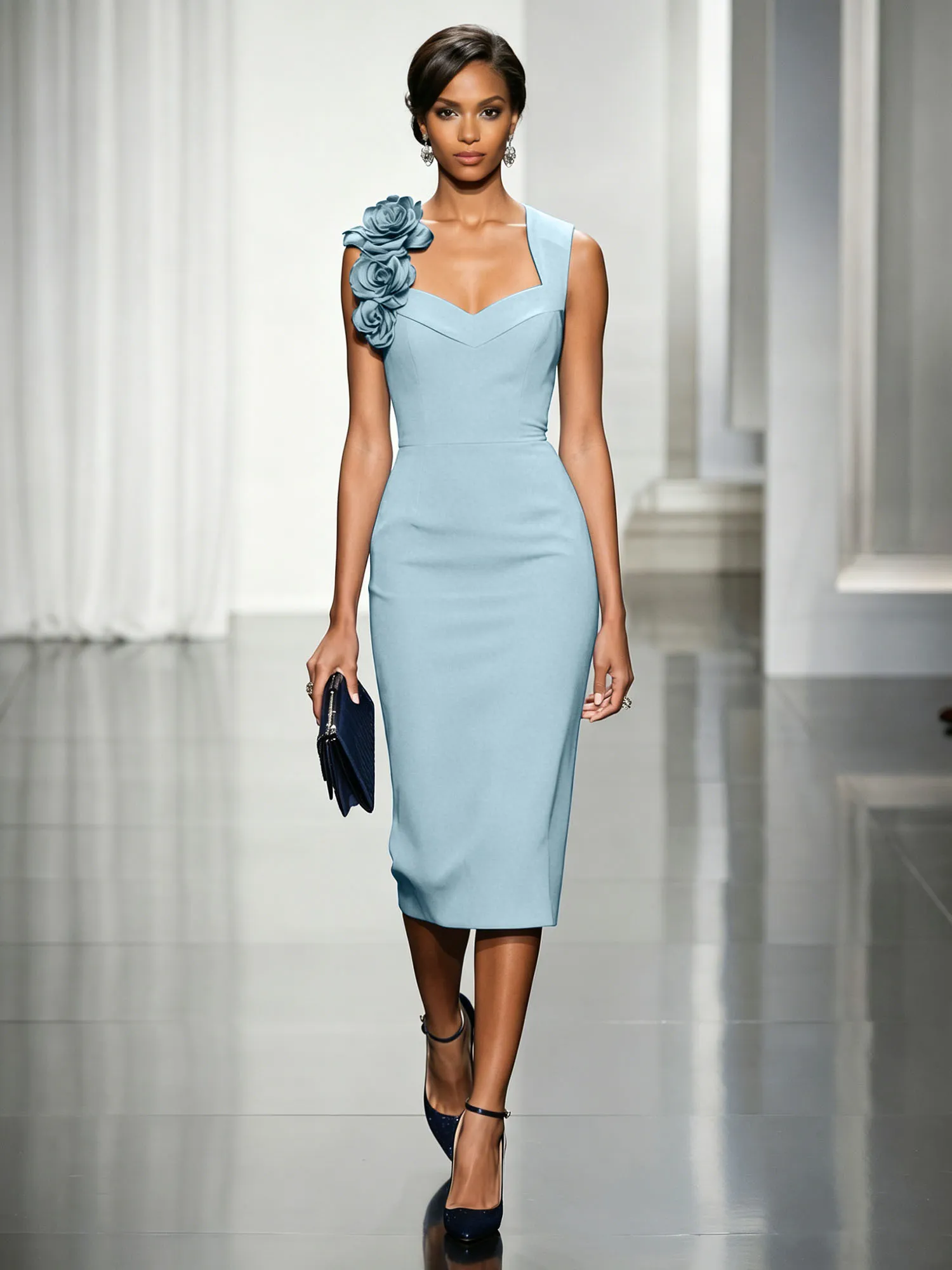 Asymmetric Neckline Crepe Midi Dress with 3D Floral Appliqué