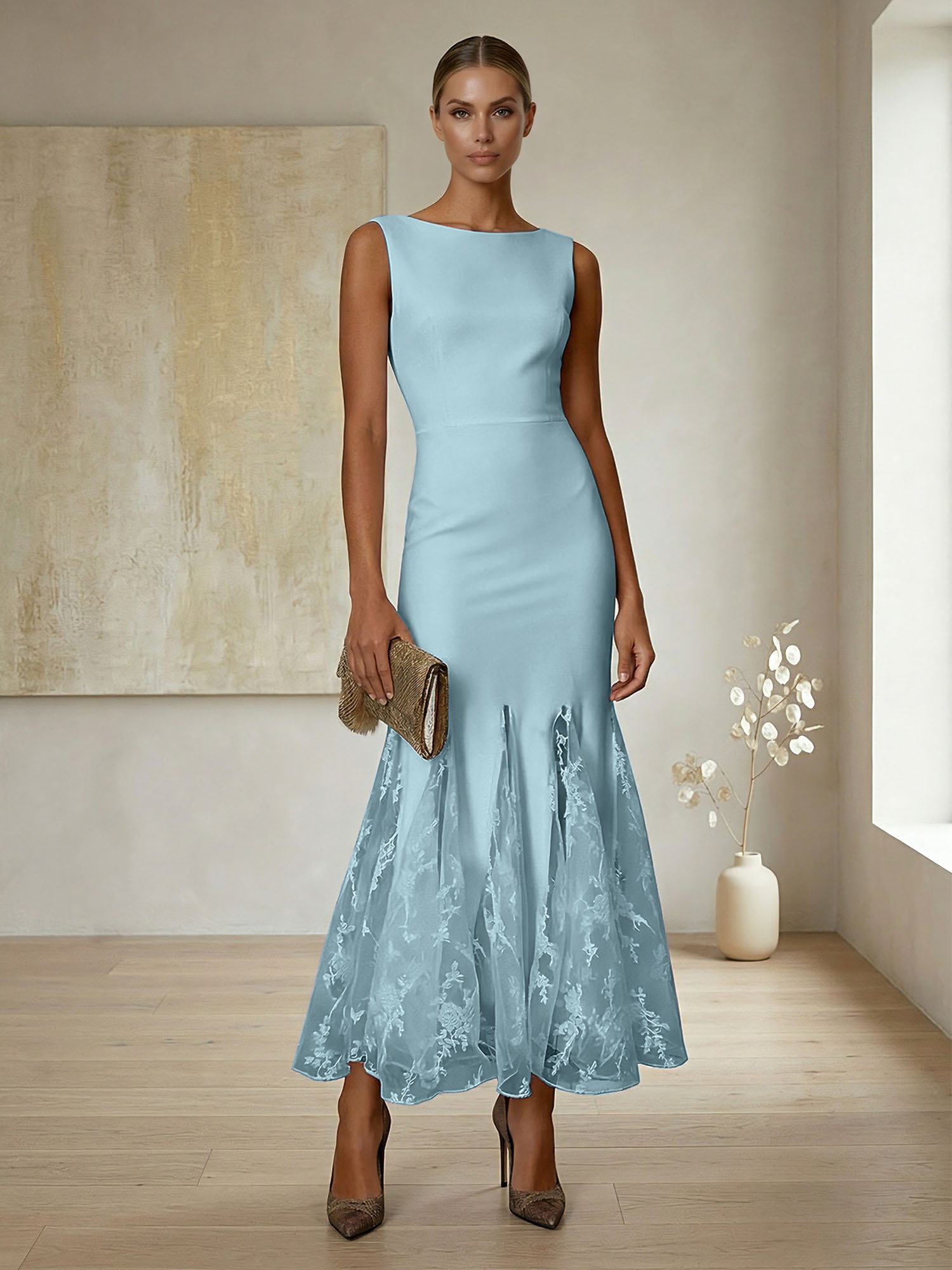 Elegant Formal Evening Gown Lilac Sleeveless Midi Dress with Embroidered Lace Godets