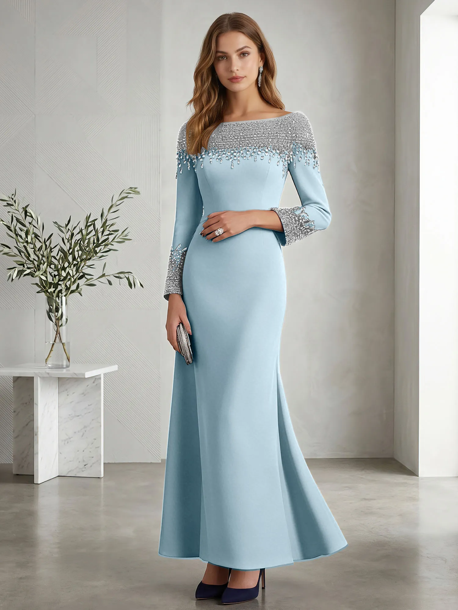 Beaded Off-the-Shoulder Long Sleeve Mermaid Evening Gown