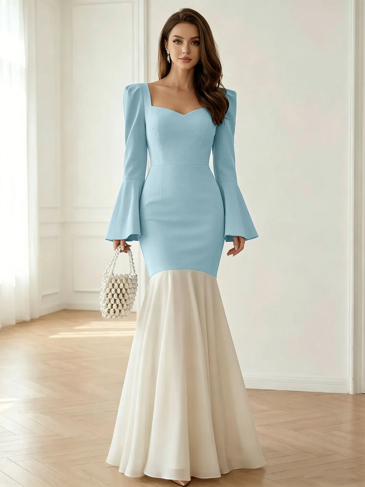 Sweetheart Neck Bell Sleeve Two-Tone Mermaid Evening Gown