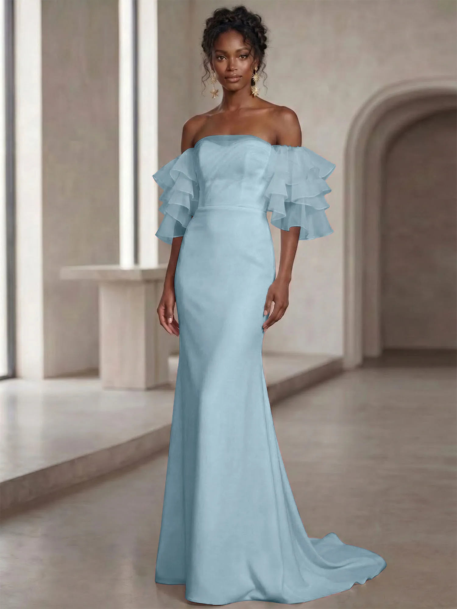 Off-the-Shoulder Tiered Organza Sleeve Mermaid Evening Gown