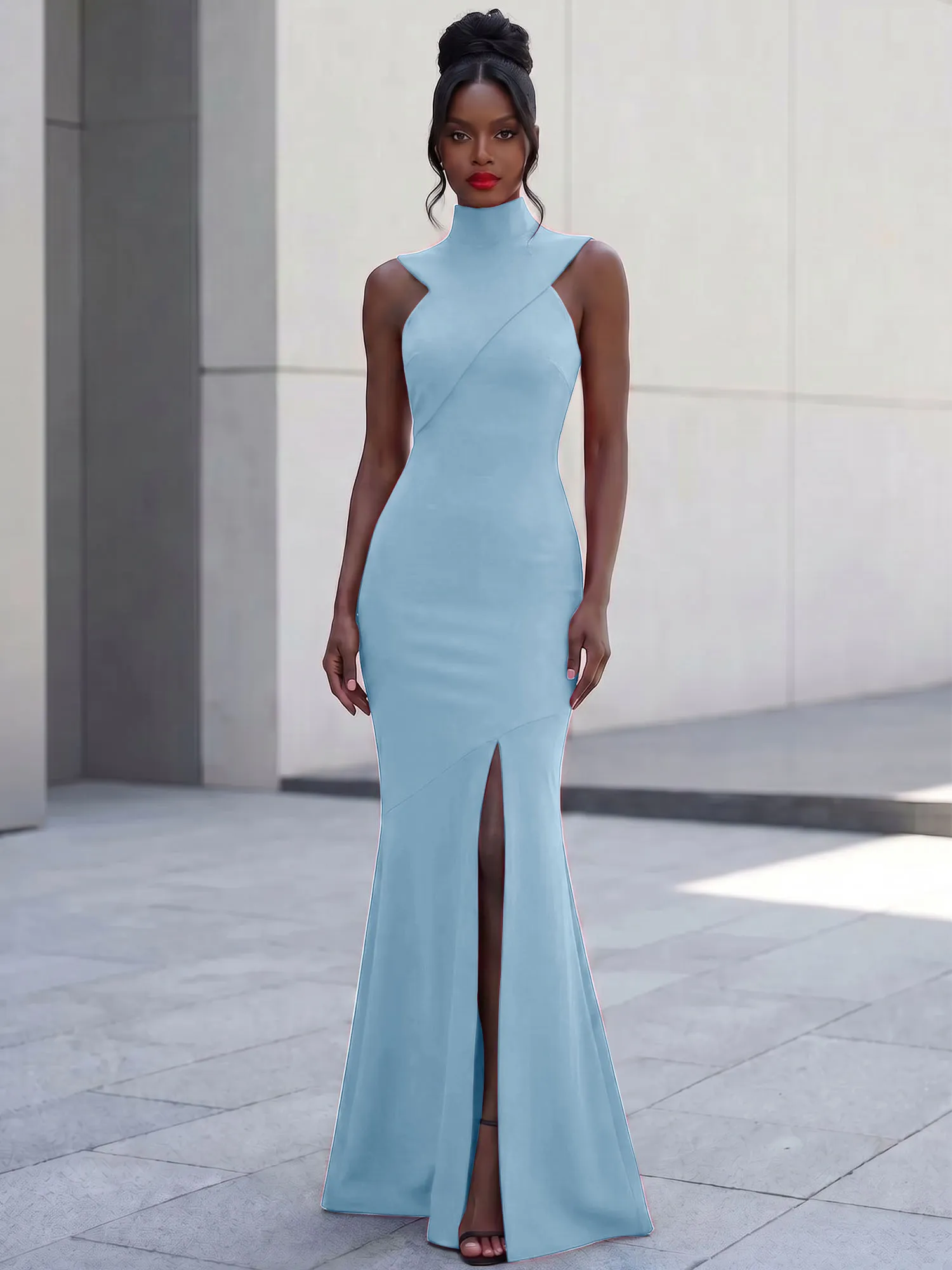 High Neck Asymmetric Cutout Mermaid Evening Gown