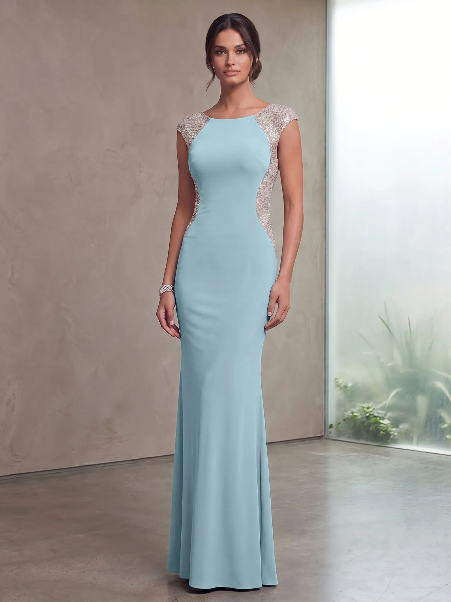 Bateau Neck Sequins Cap Sleeve Mermaid Evening Gown