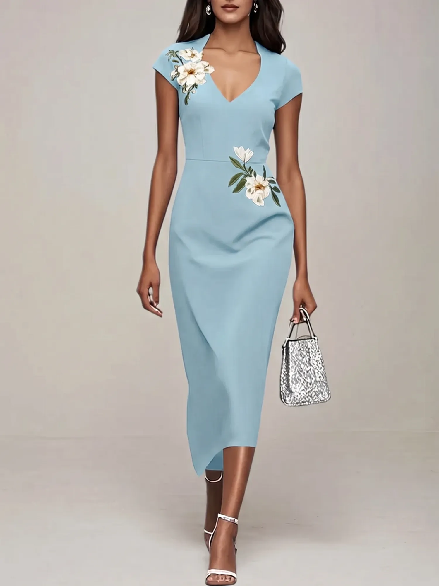 V-Neck Cap Sleeve Floral Embroidered Sheath Evening Dress