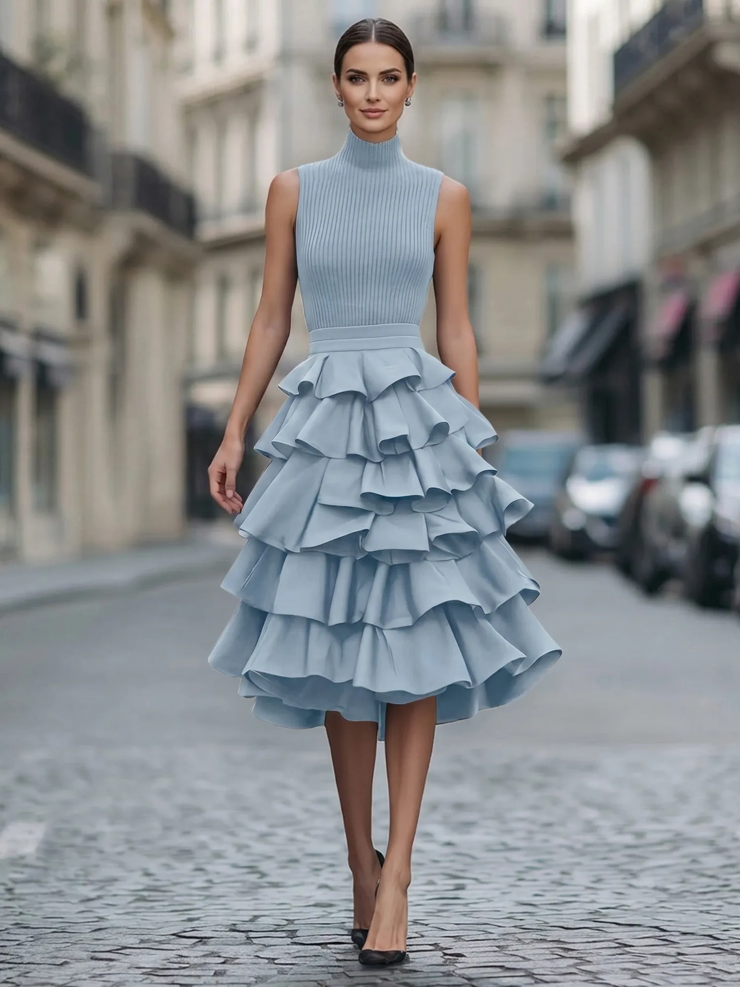 A Line High-Neck Pleated Tiered Evening Dress Maxi Dress
