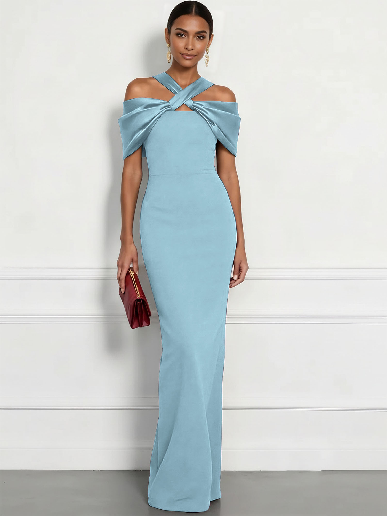  Regal Plum Crepe Column Gown with Satin Criss-Cross Halter Maxi Dress