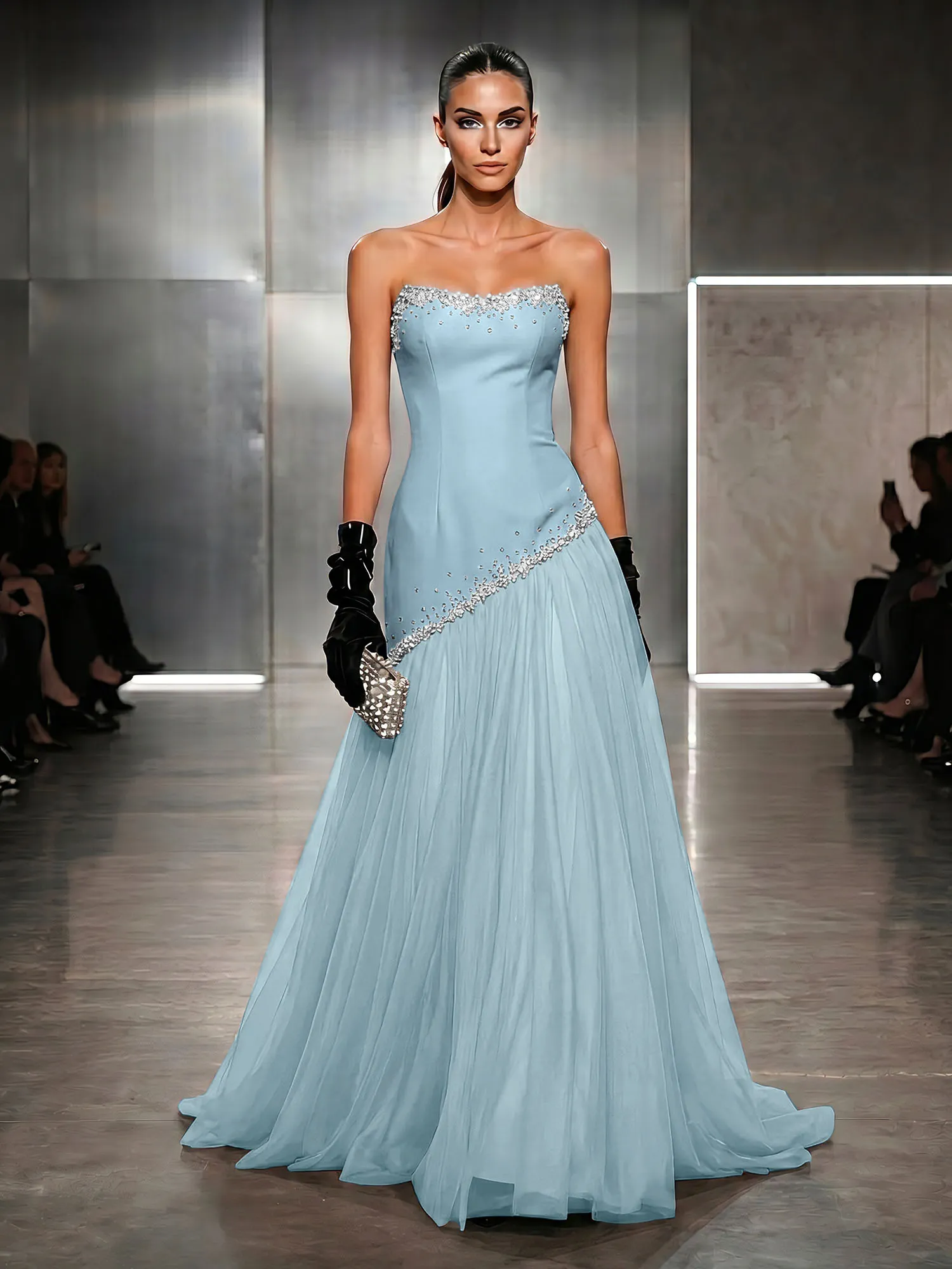 Strapless Tulle Beaded Corset Evening Gown Maxi Dress