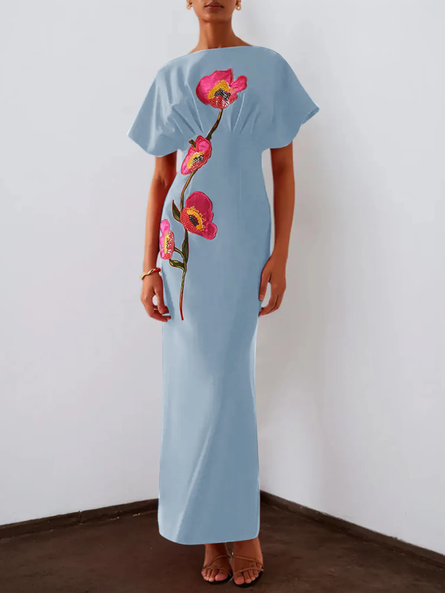 Floral Embroidered Boat Neck Batwing Sleeve Column Evening Gown