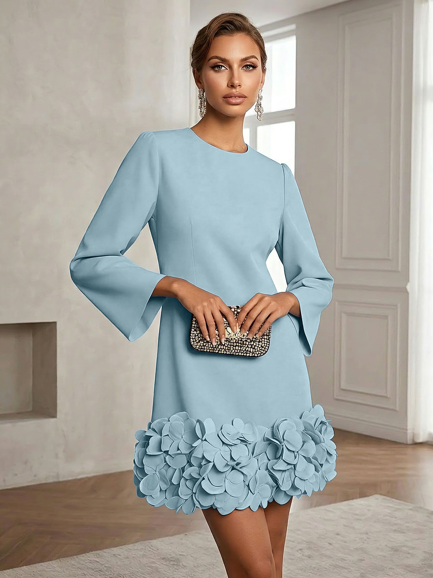 Powder Blue 3D Floral Classic Crew Neck Bell Long Sleeve Shift Mini Dress