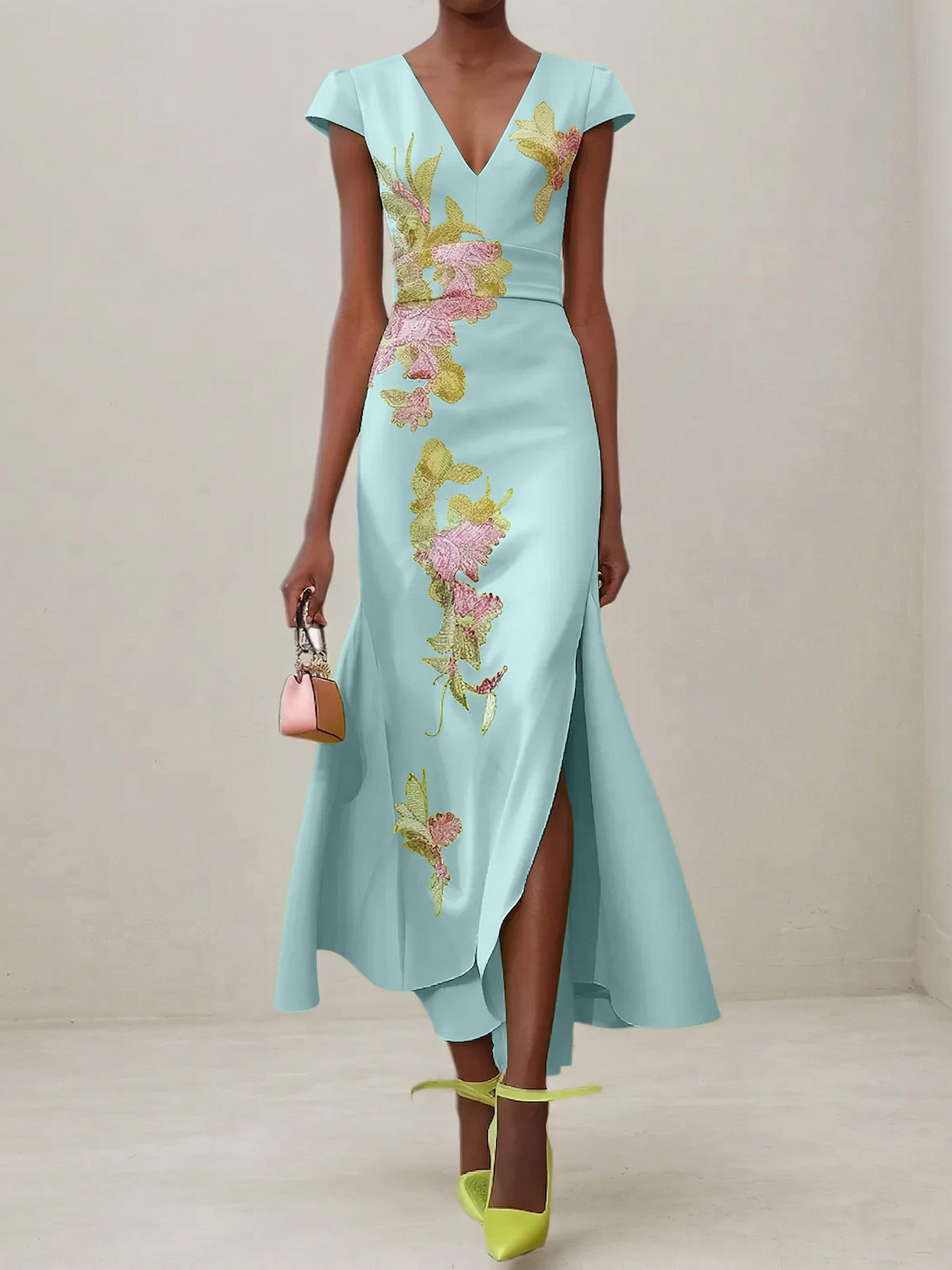 Elegant V-Neck Cap Sleeve Satin Midi Gown with Floral Embroidery & High Slit