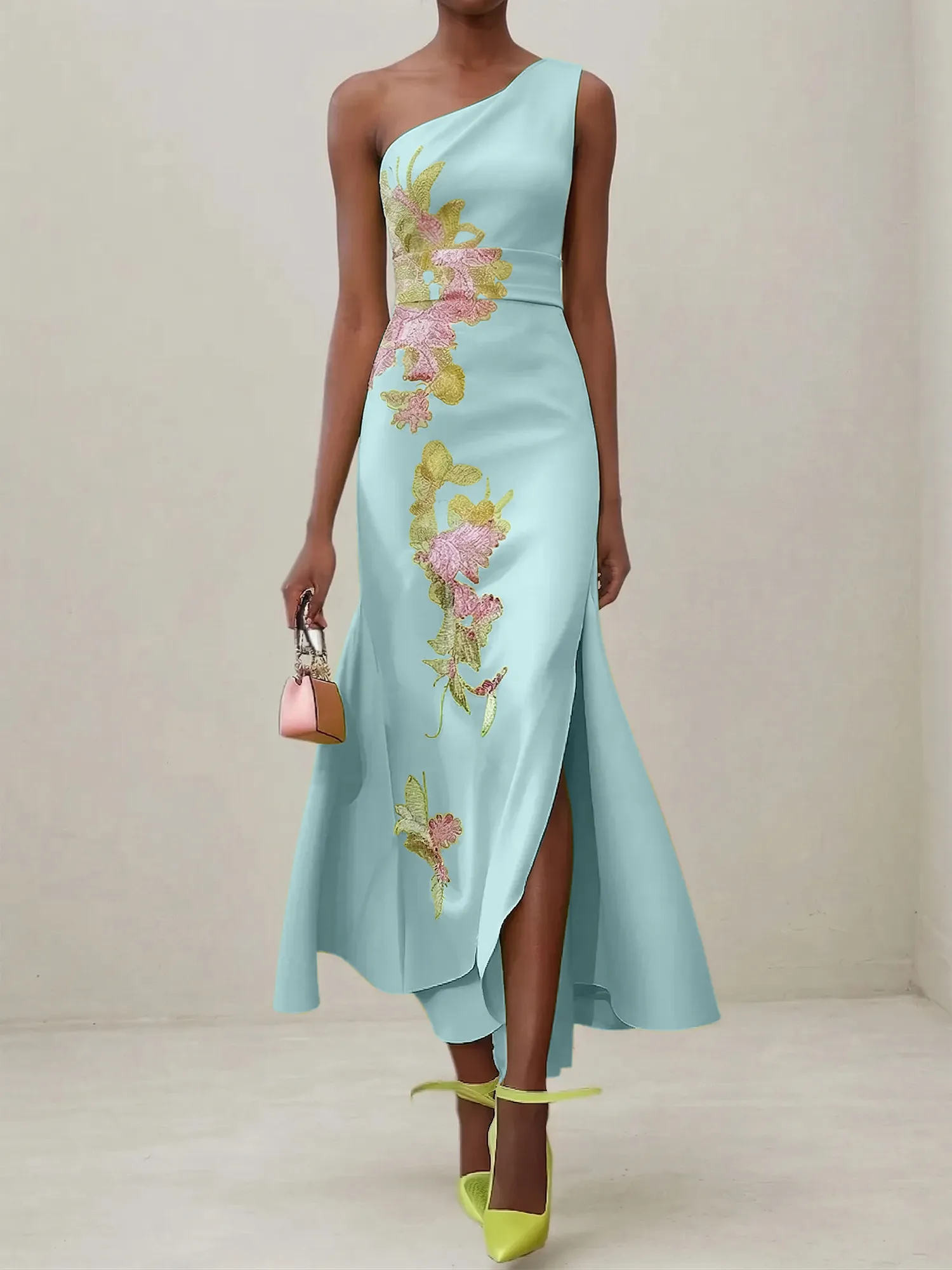 Elegant One Shoulder Cap Sleeve Satin Midi Gown with Floral Embroidery & High Slit