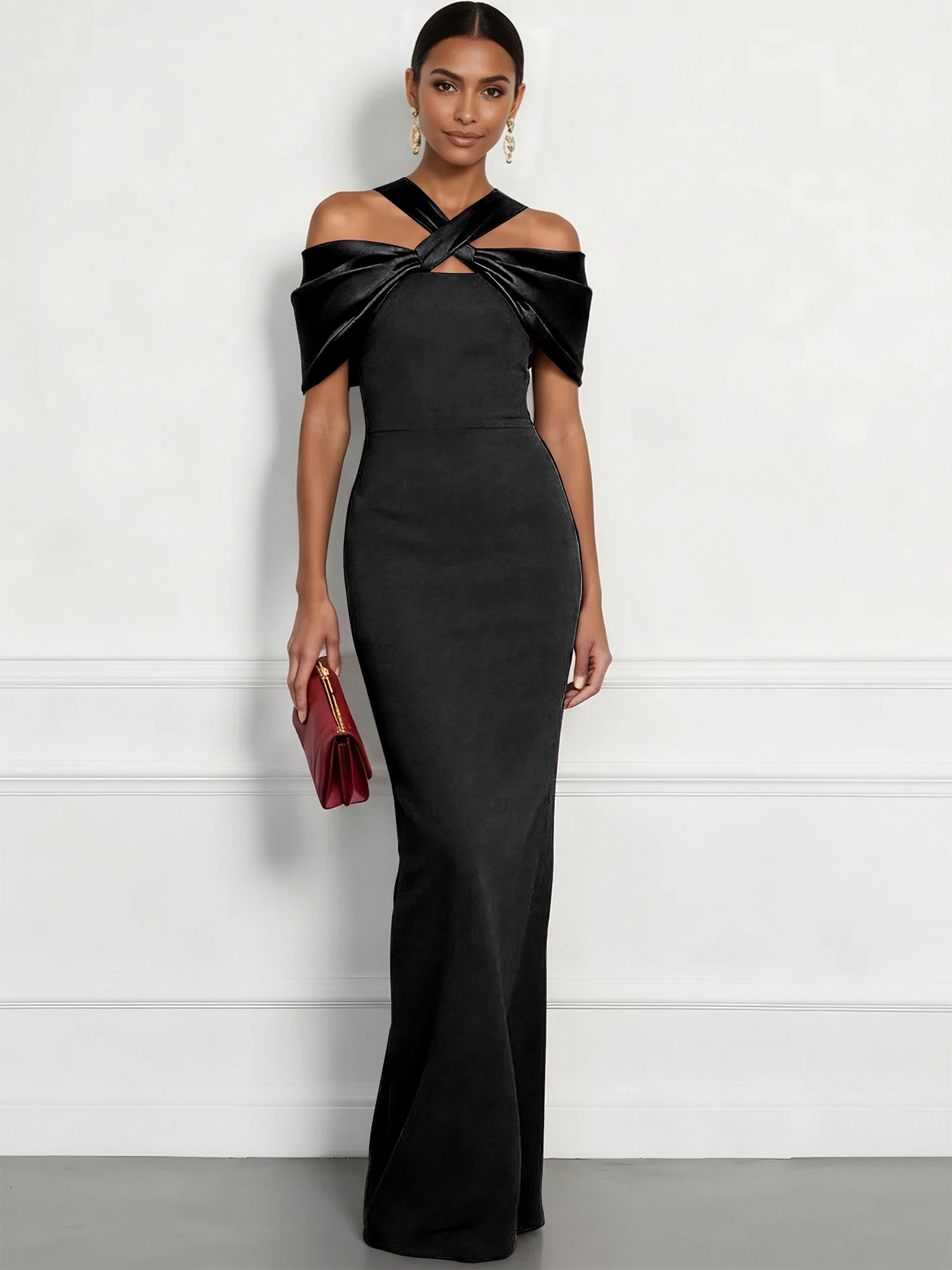  Regal Plum Crepe Column Gown with Satin Criss-Cross Halter Maxi Dress