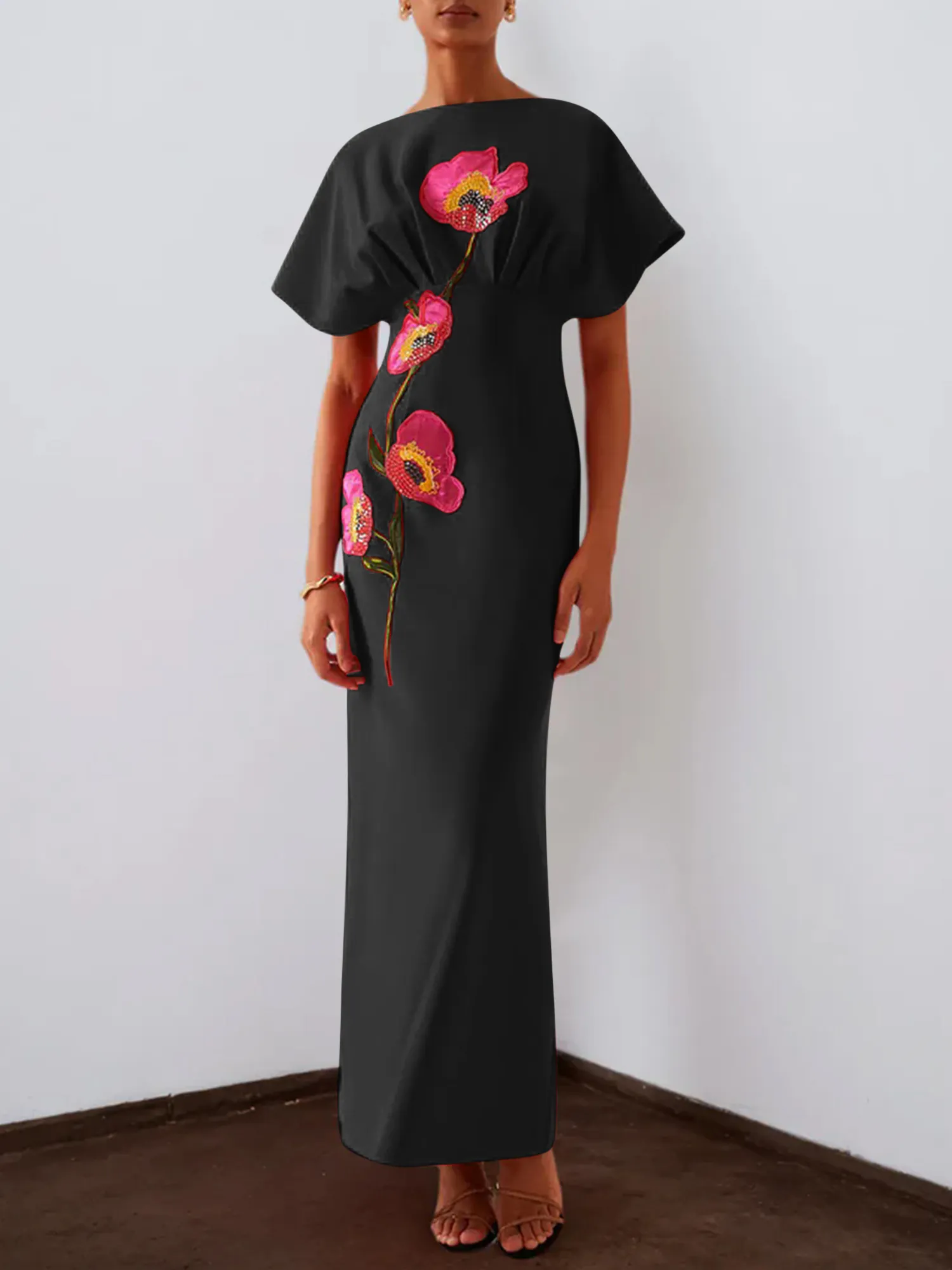 Floral Embroidered Boat Neck Batwing Sleeve Column Evening Gown