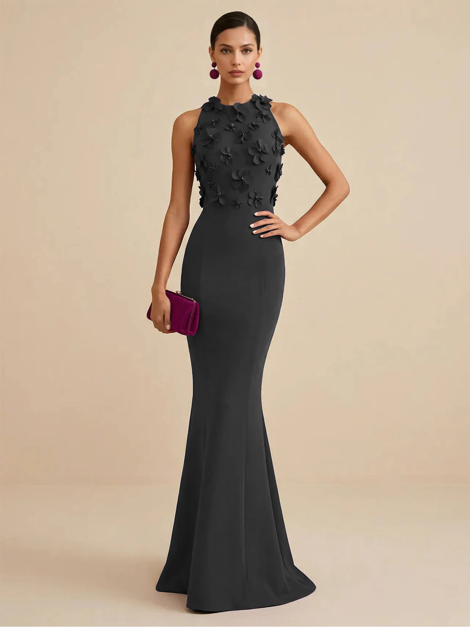 Scoop Neck 3D Floral Appliqué Crepe Mermaid Evening Gown