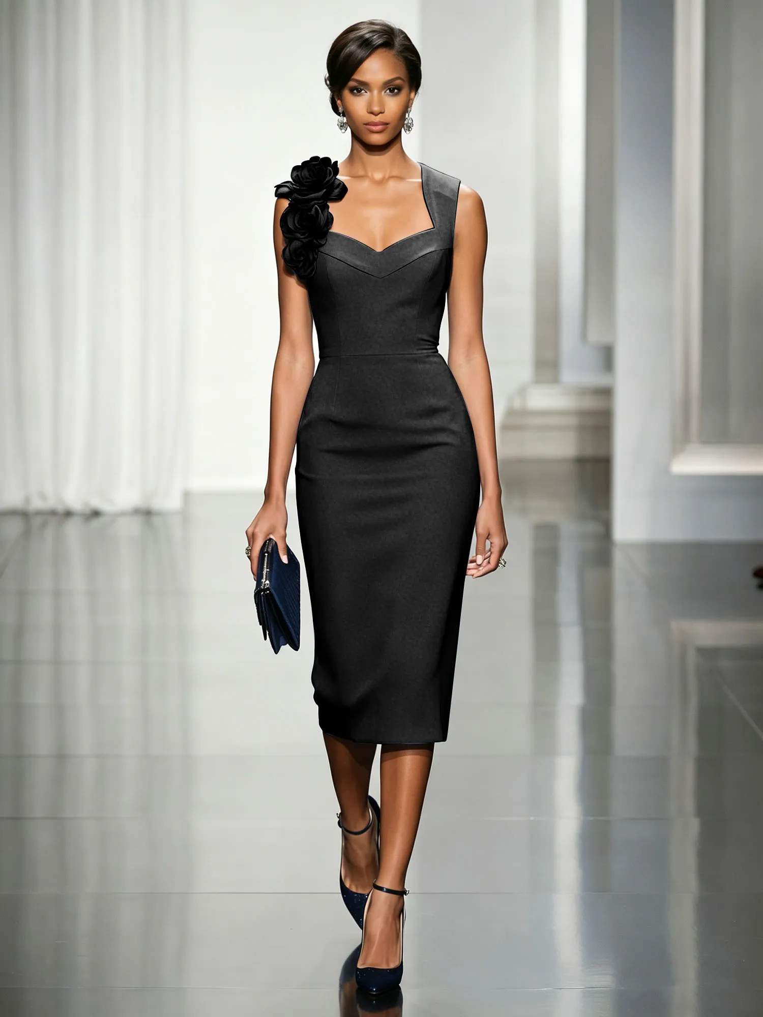 Asymmetric Neckline Crepe Midi Dress with 3D Floral Appliqué