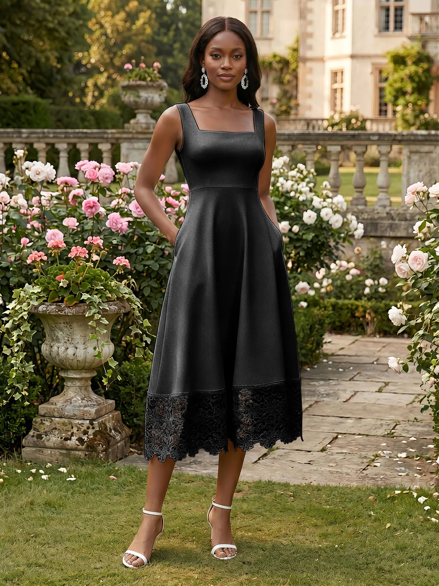 Square Neck Crepe Midi Evening Dress with Lace Hem