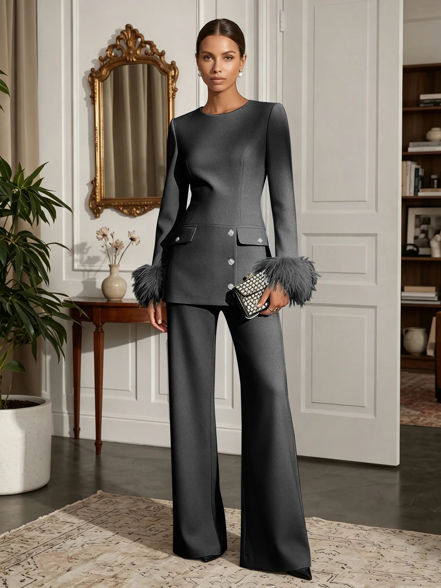 Scoop Neck Feather Cuff Tailored Evening Pant Suit