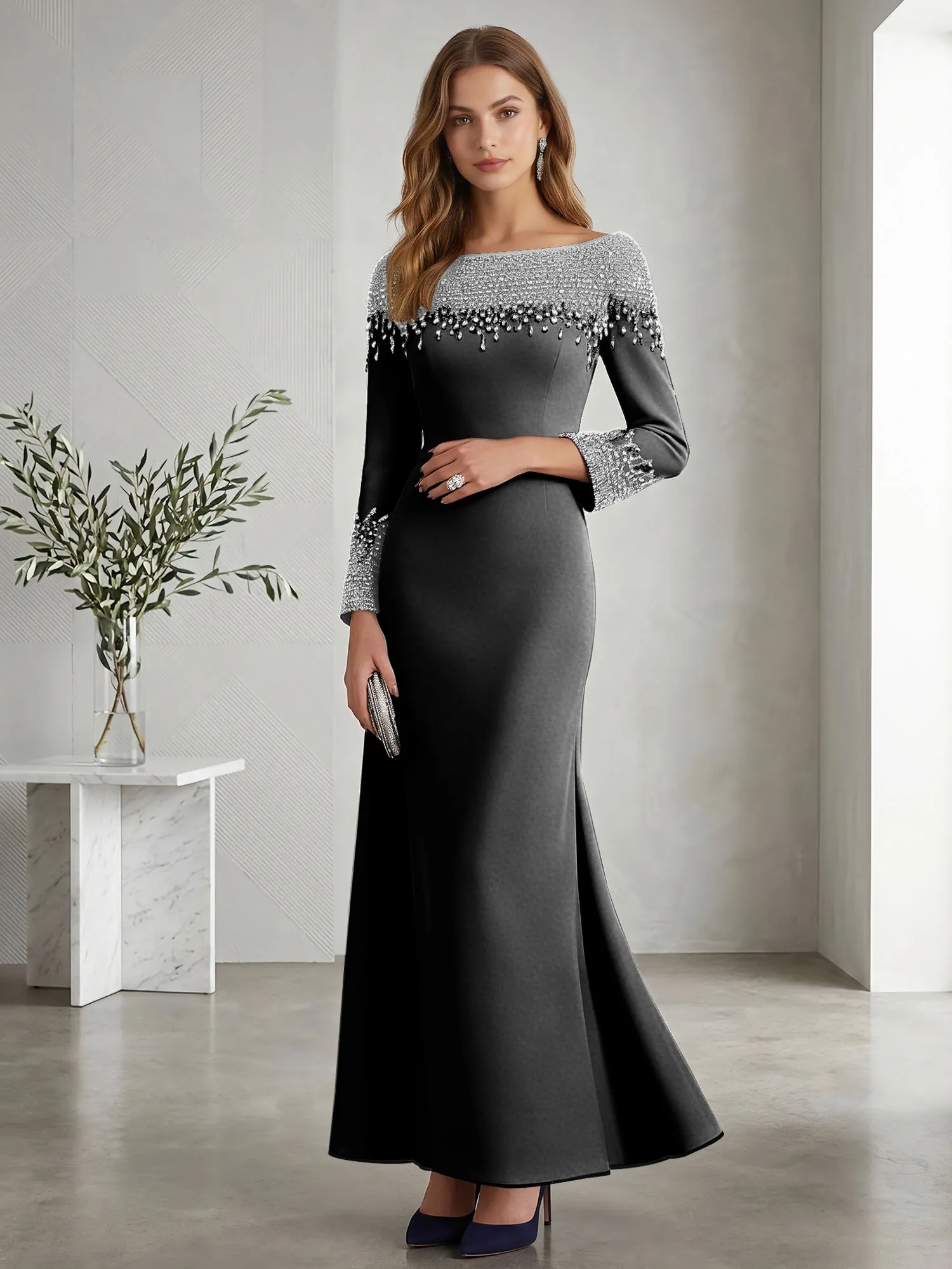 Beaded Off-the-Shoulder Long Sleeve Mermaid Evening Gown