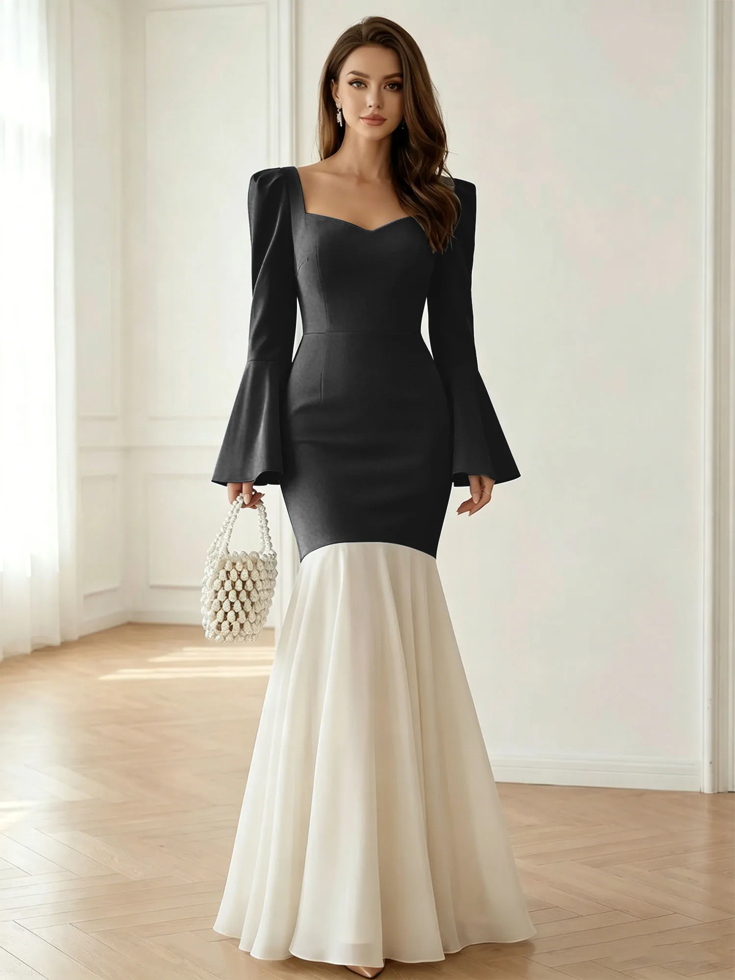 Sweetheart Neck Bell Sleeve Two-Tone Mermaid Evening Gown