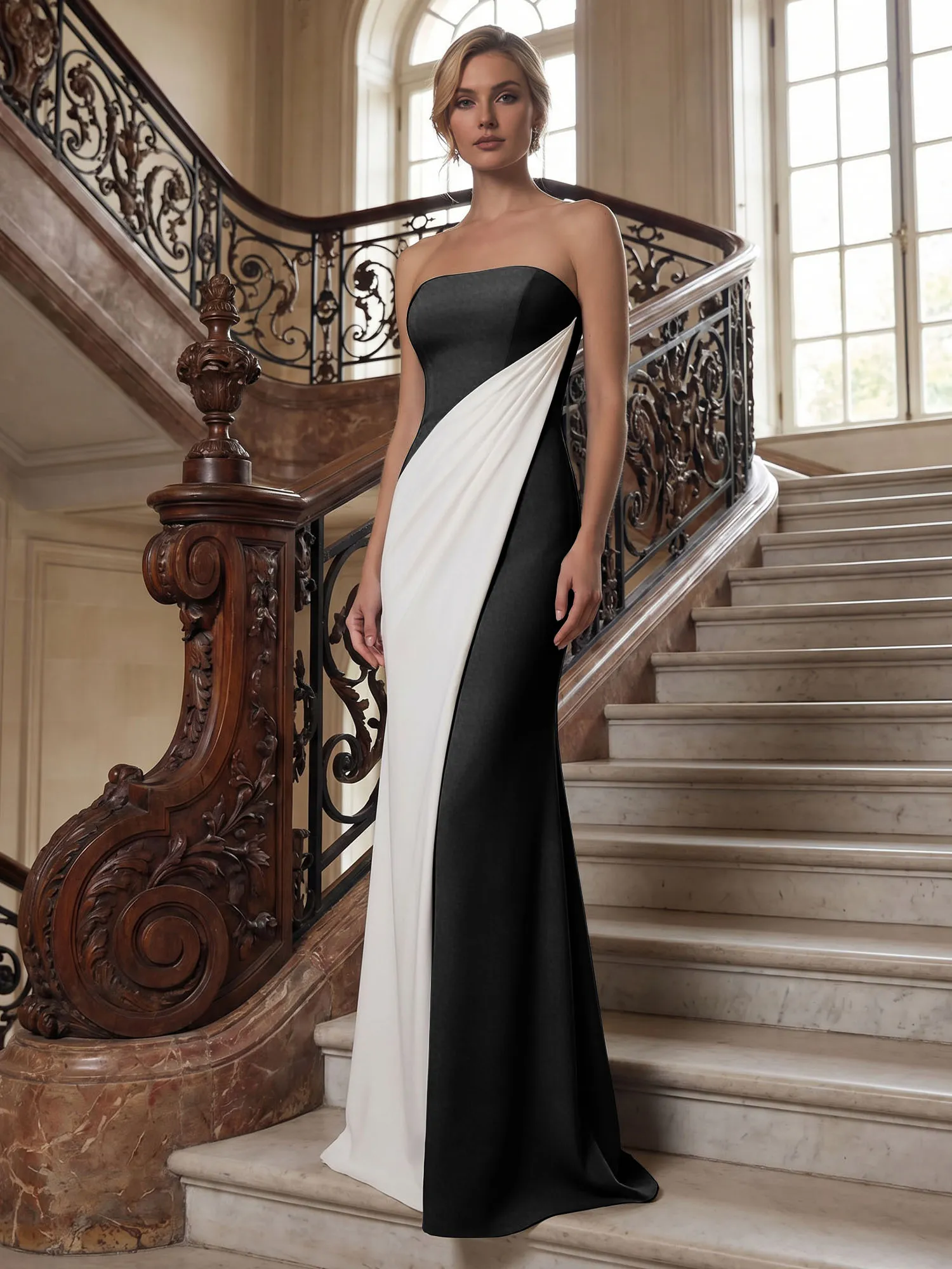 Strapless Two-Tone Draped Mermaid Evening Gown