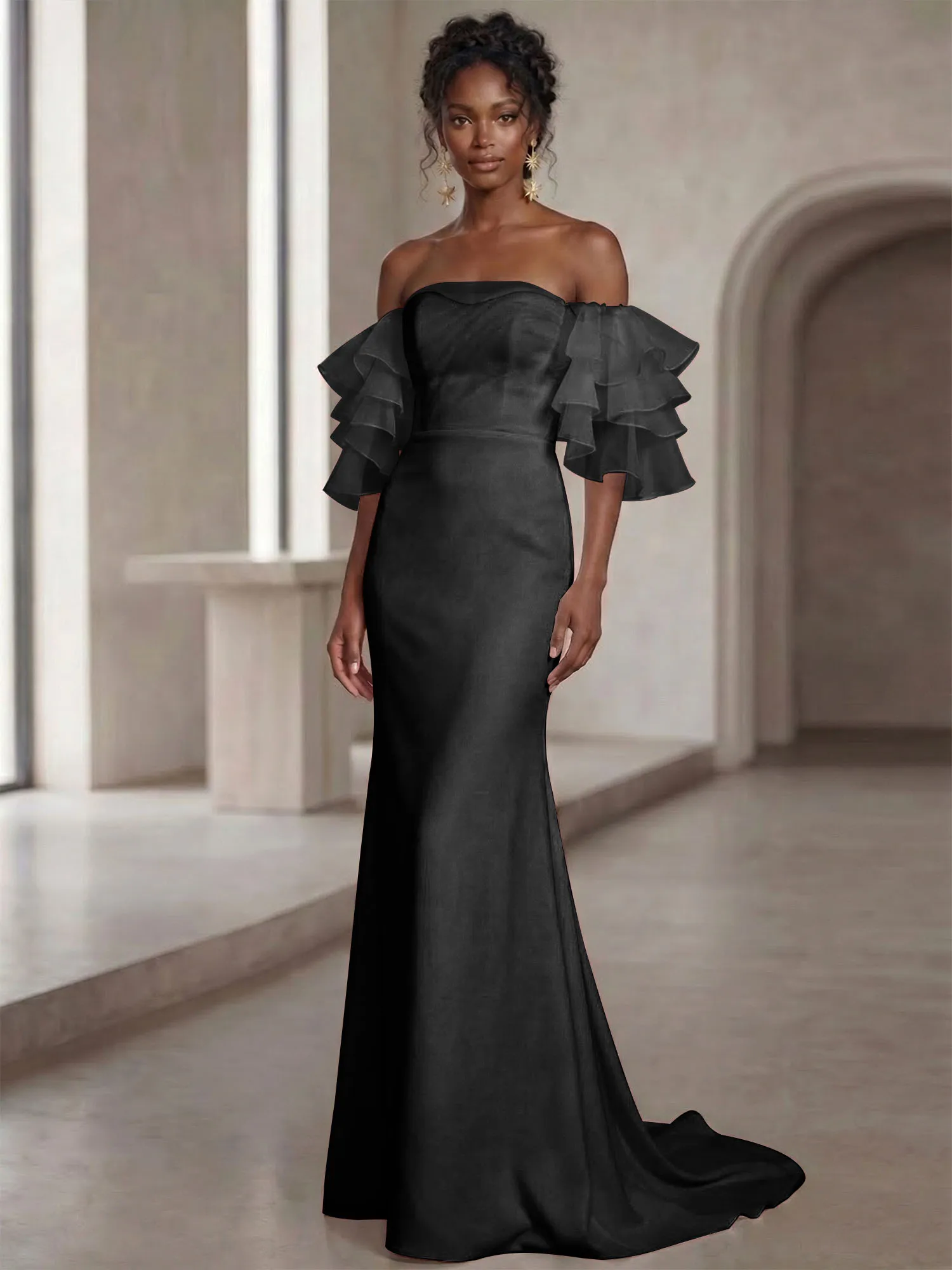 Off-the-Shoulder Tiered Organza Sleeve Mermaid Evening Gown