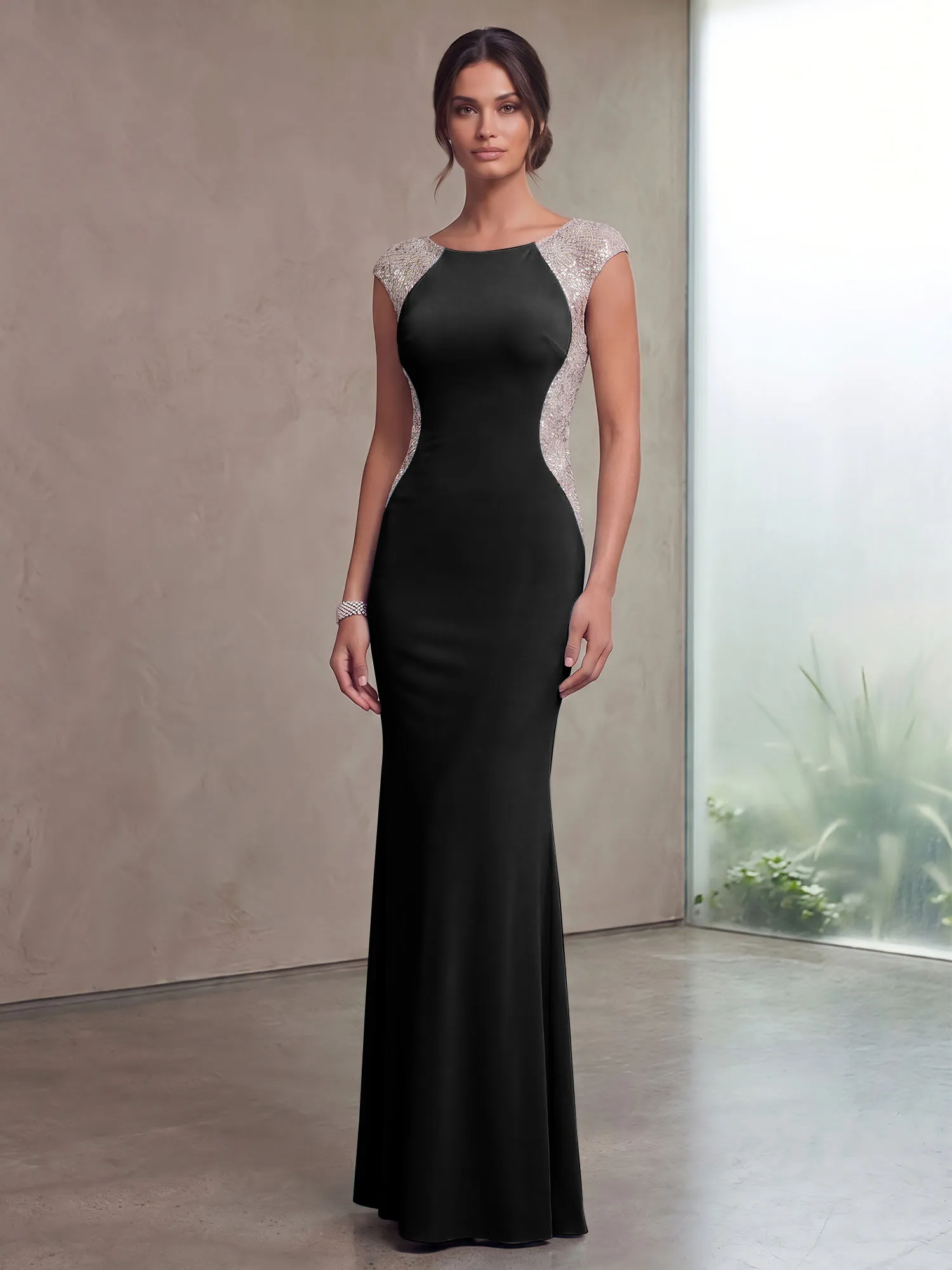 Bateau Neck Sequins Cap Sleeve Mermaid Evening Gown