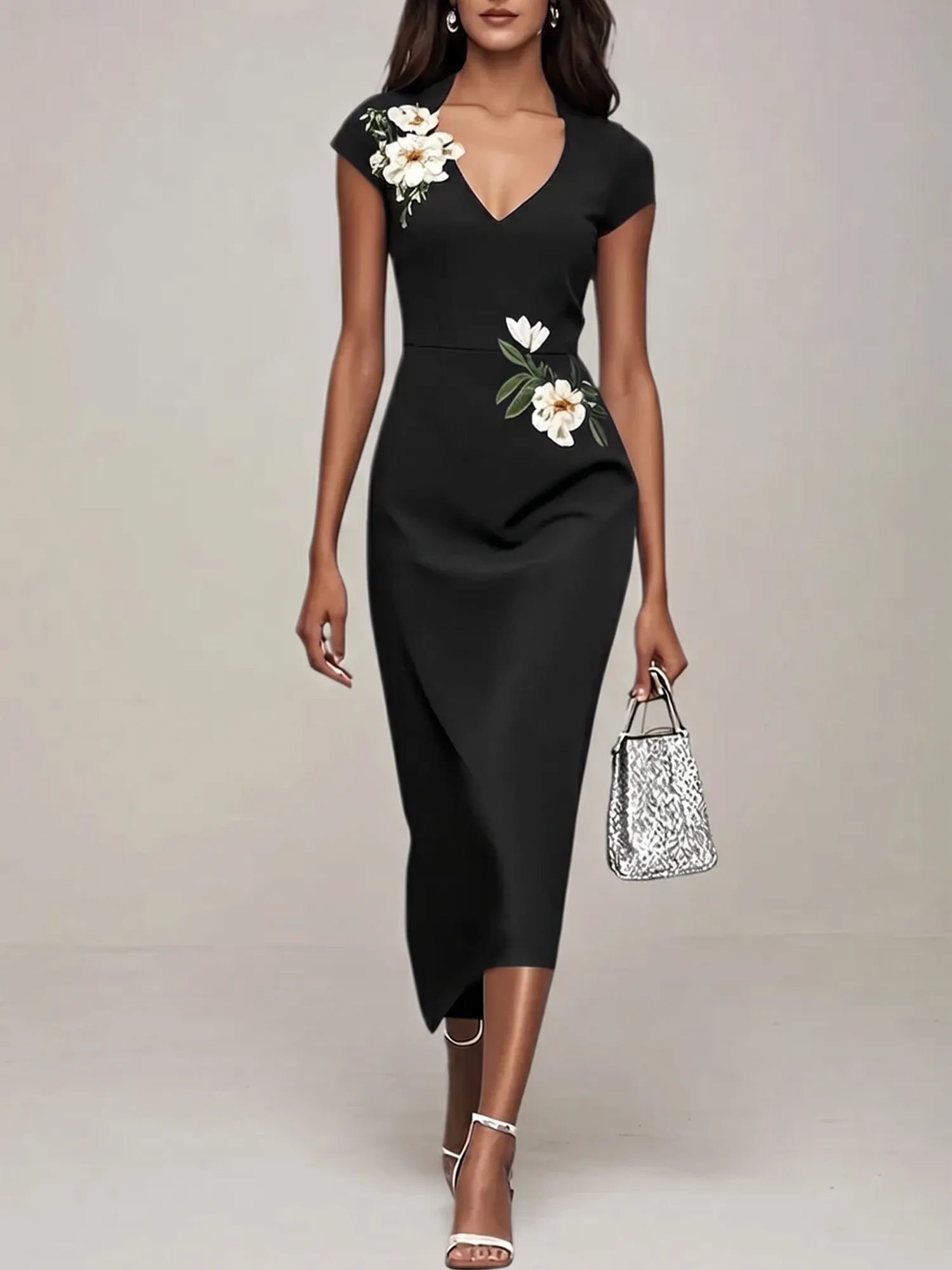 V-Neck Cap Sleeve Floral Embroidered Sheath Evening Dress