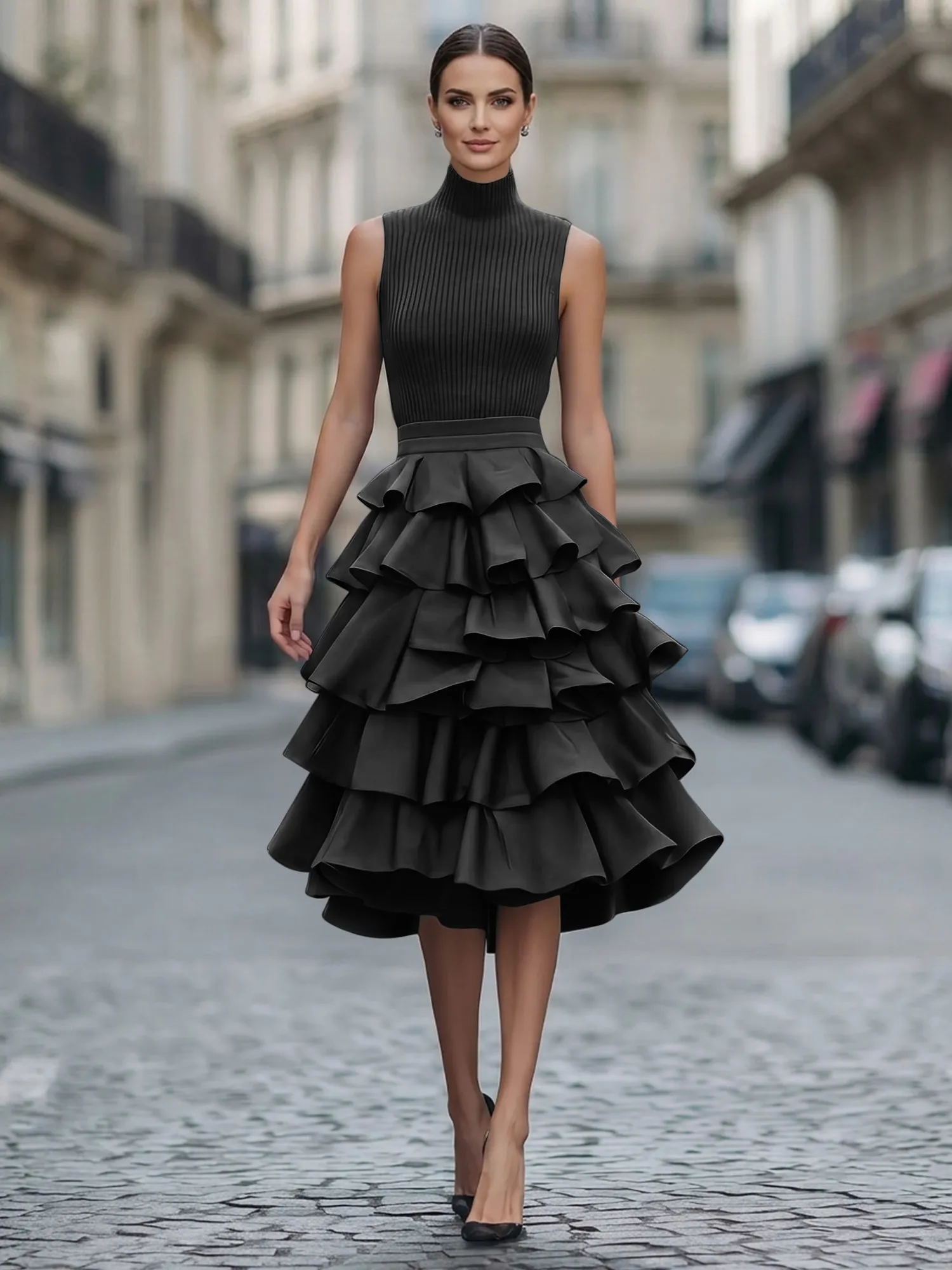A Line High-Neck Pleated Tiered Evening Dress Maxi Dress