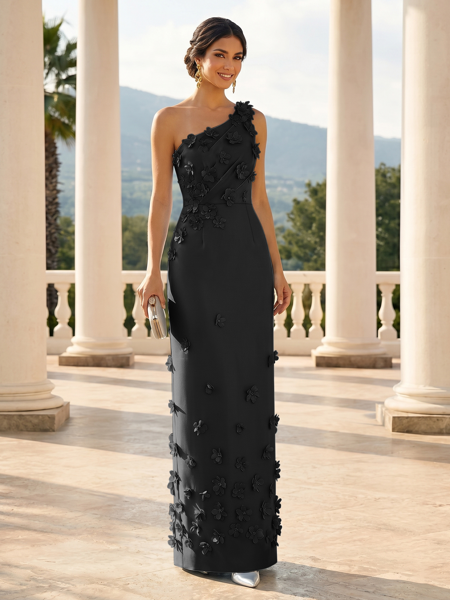 Enchanting Sky Blue One-Shoulder Evening Dress with 3D Floral Appliqués