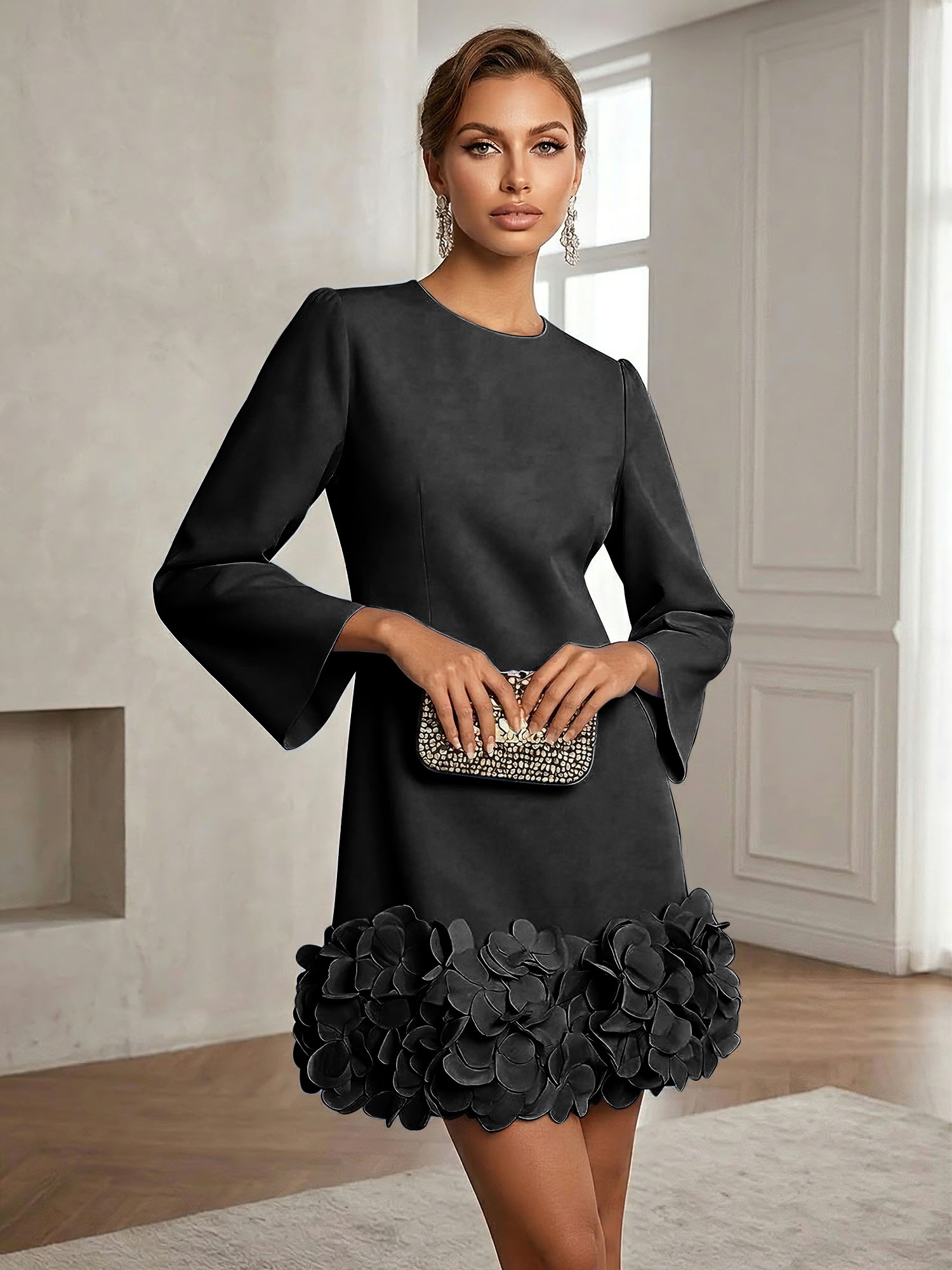 Powder Blue 3D Floral Classic Crew Neck Bell Long Sleeve Shift Mini Dress